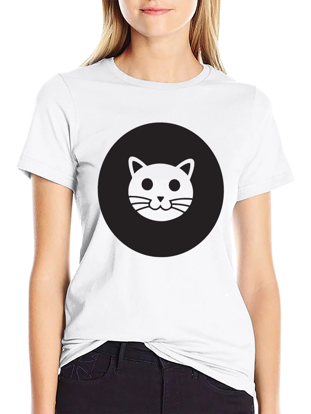 Mens Black Cat Face Graphic Crew Neck T-Shirt