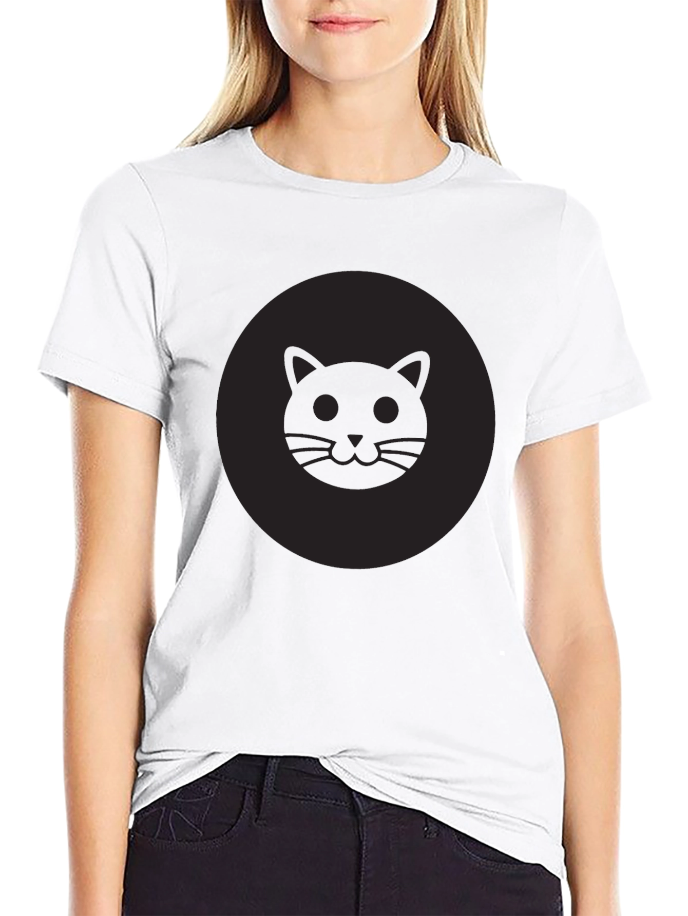 Mens Black Cat Face Graphic Crew Neck T-Shirt