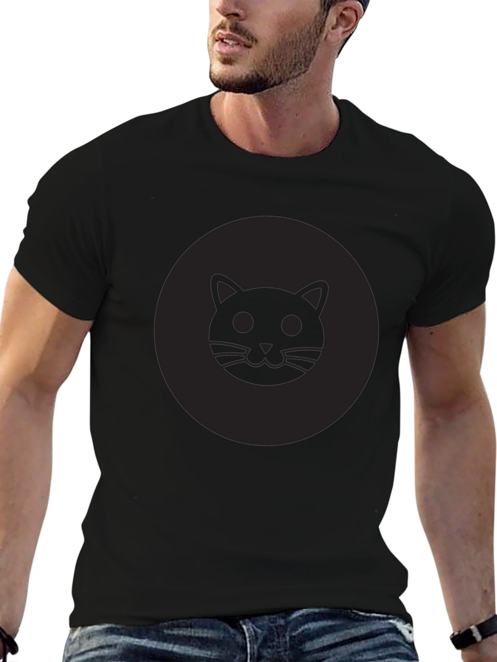 Mens Black Cat Face Graphic Crew Neck T-Shirt