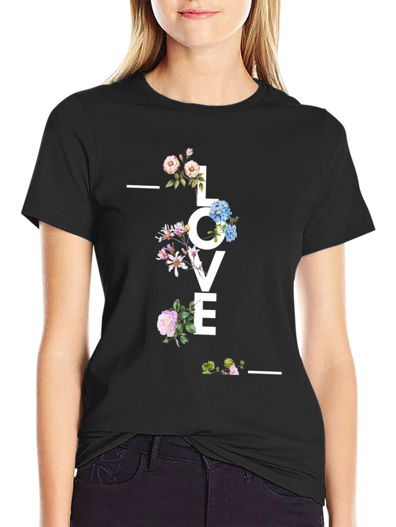 Floral LOVE Graphic Black T-Shirt