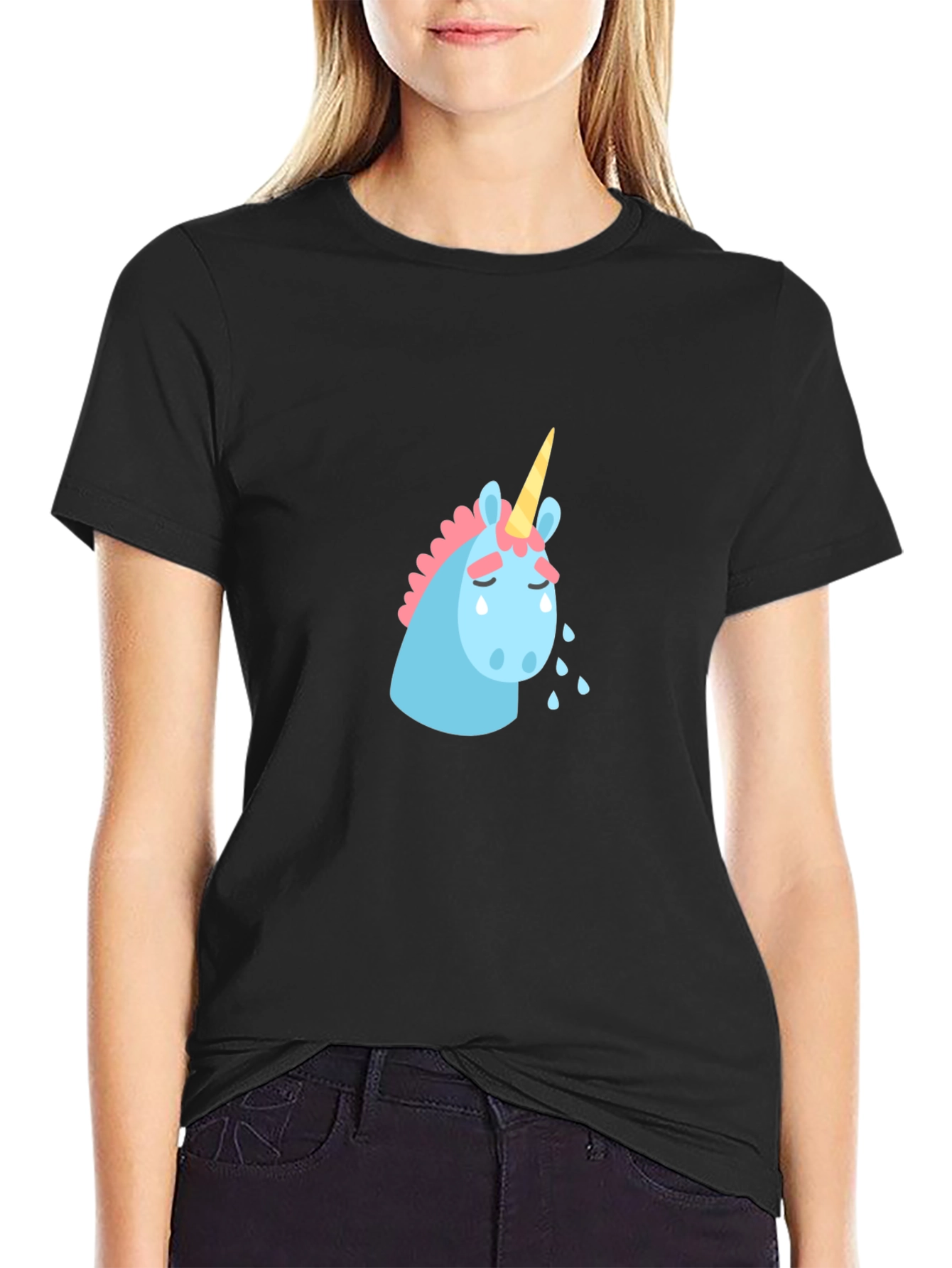 Sad Unicorn Graphic Tee - Black Cotton T-Shirt