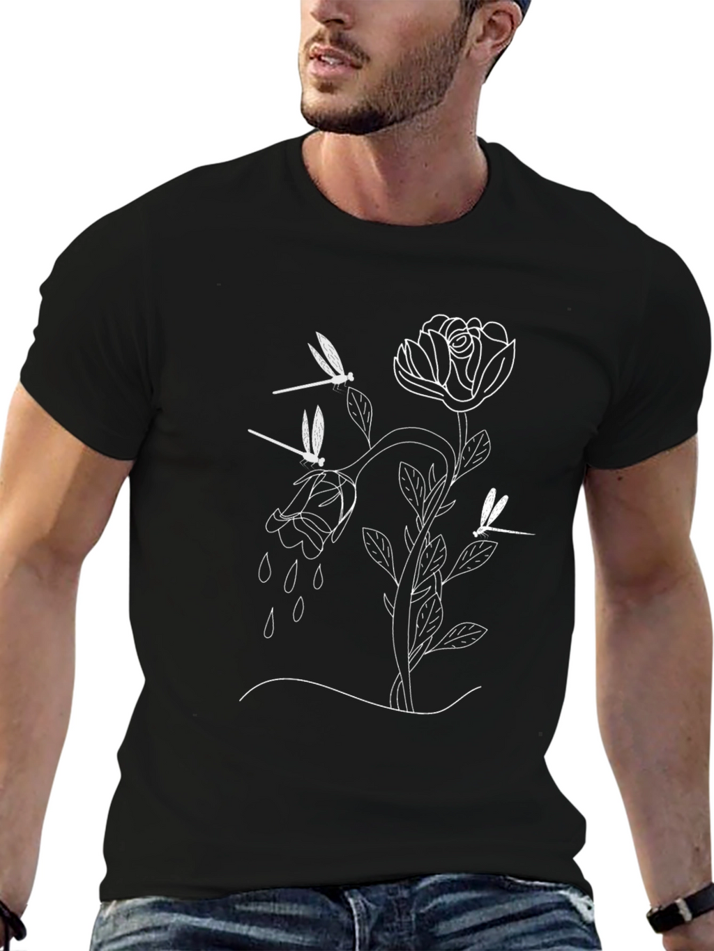 Rose and Dragonfly Graphic Tee - Modern Black T-Shirt