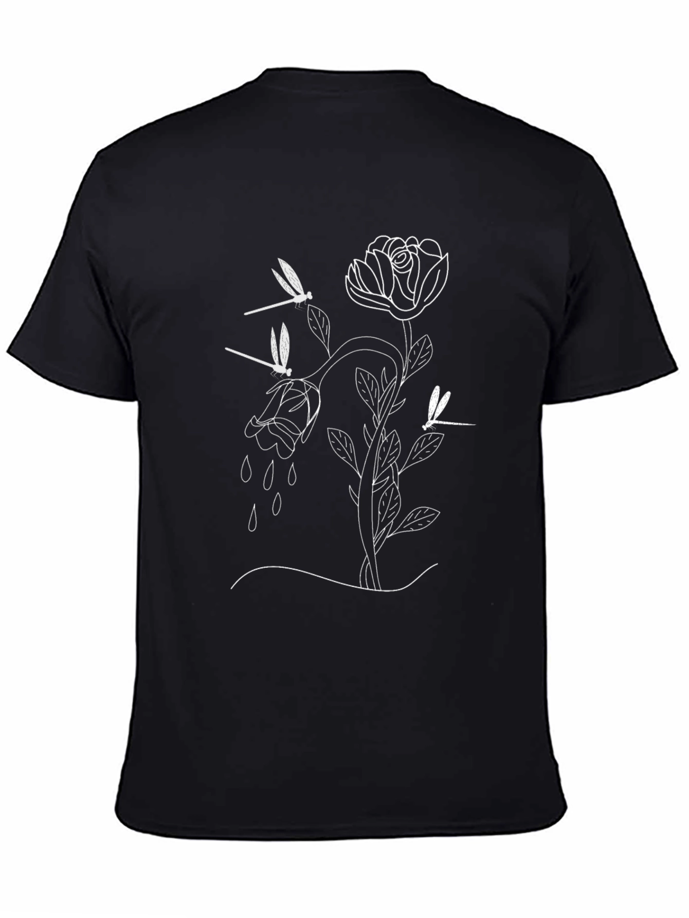 Rose and Dragonfly Graphic Tee - Modern Black T-Shirt