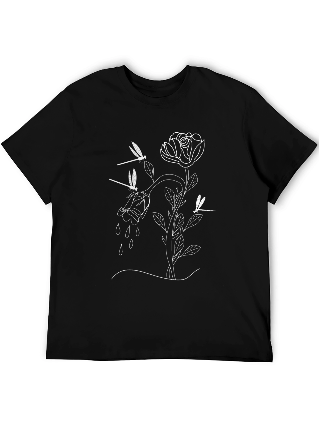 Rose and Dragonfly Graphic Tee - Modern Black T-Shirt