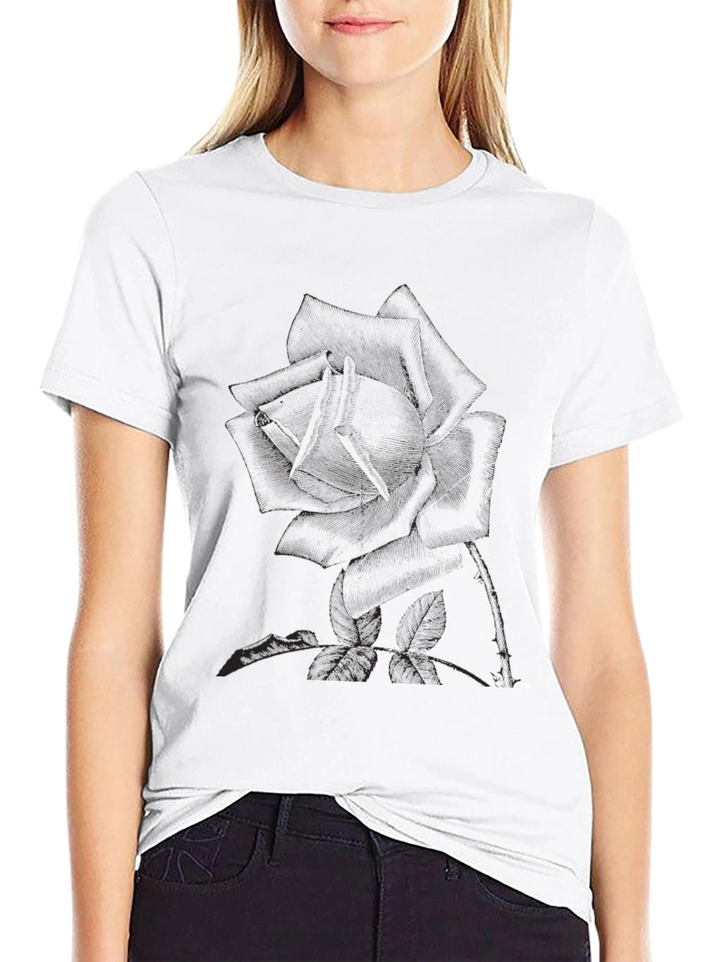 Black T-Shirt with Rose Print