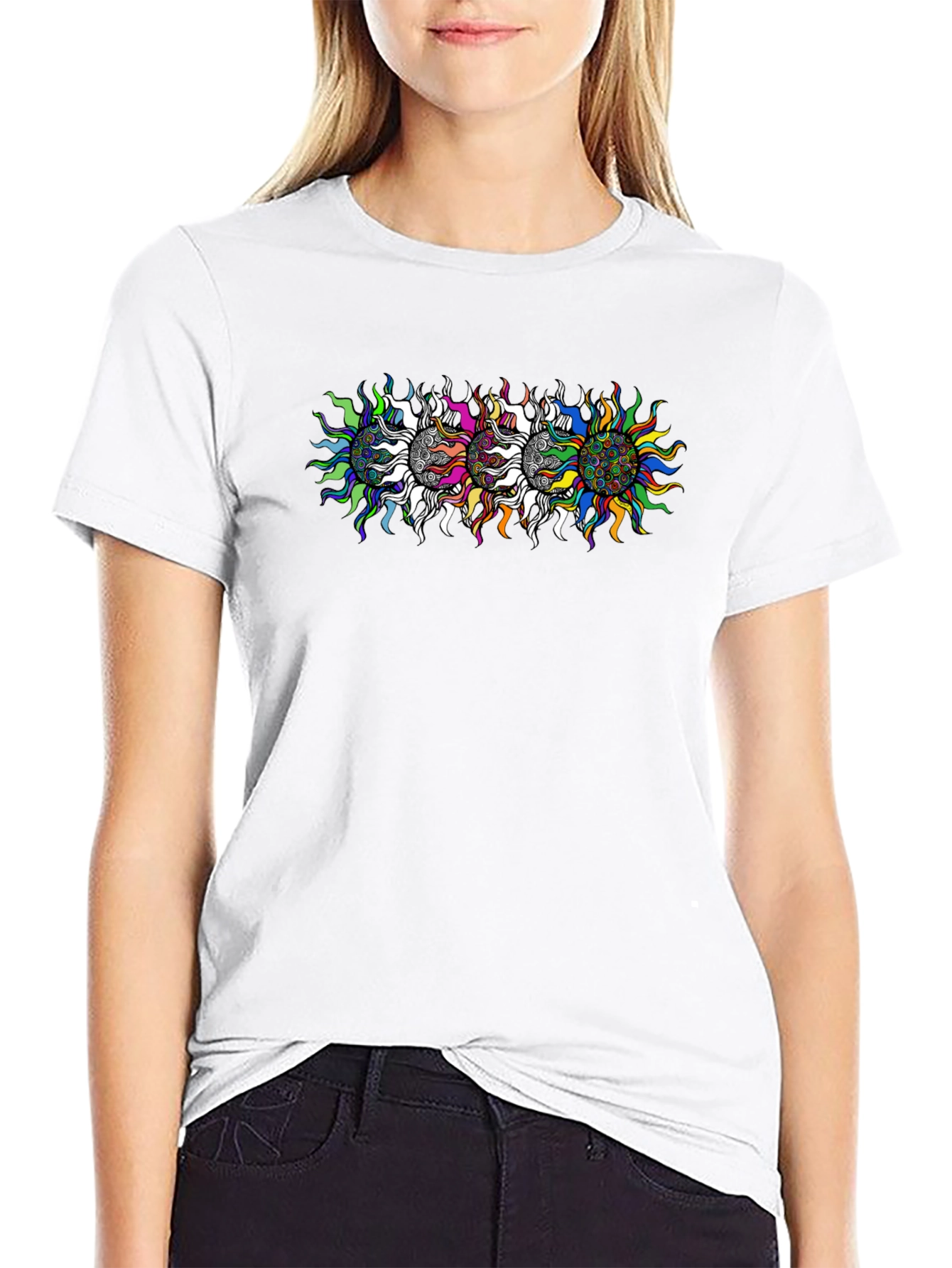 Mens Black T-Shirt with Psychedelic Sun Design