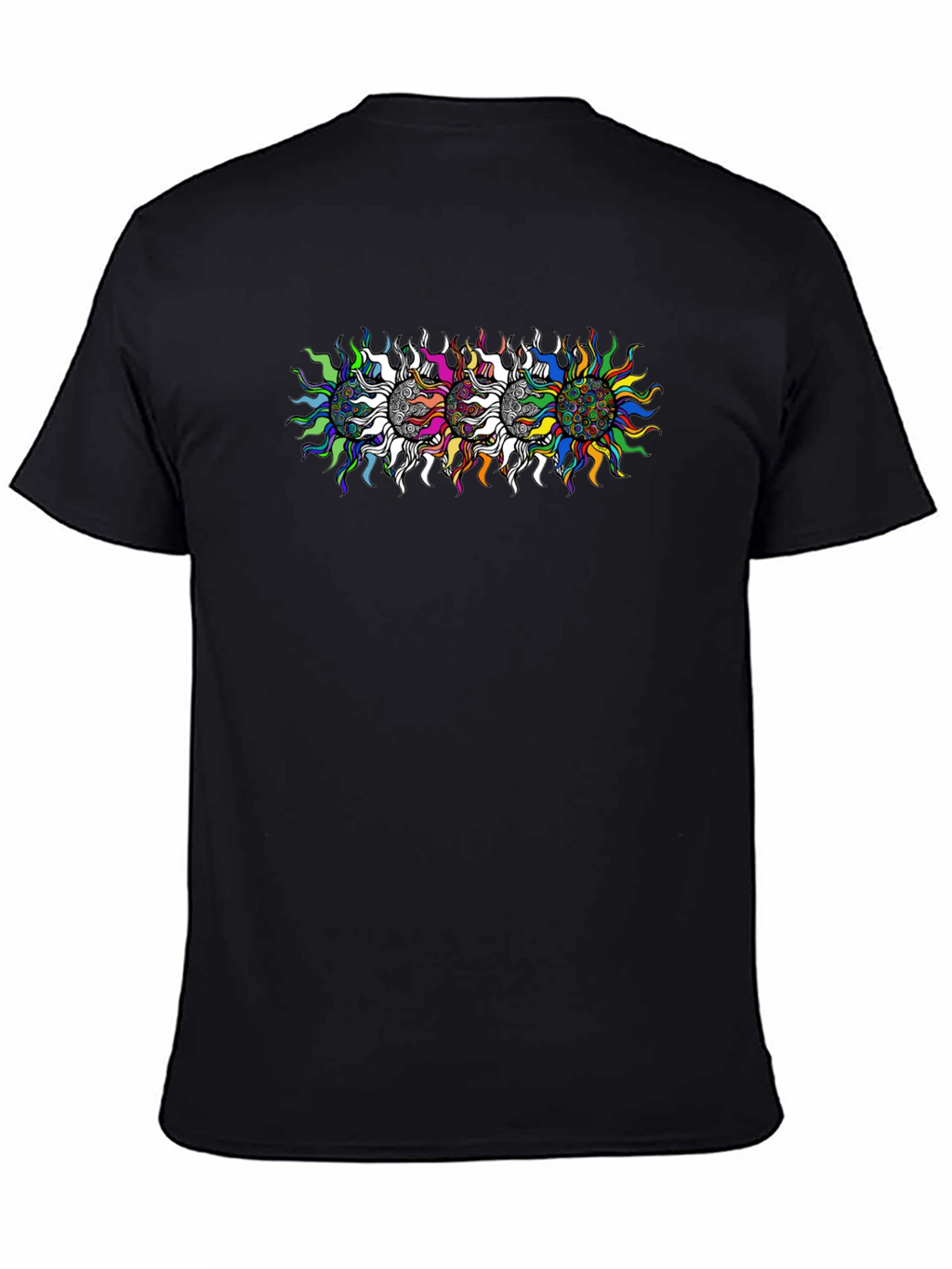 Mens Black T-Shirt with Psychedelic Sun Design
