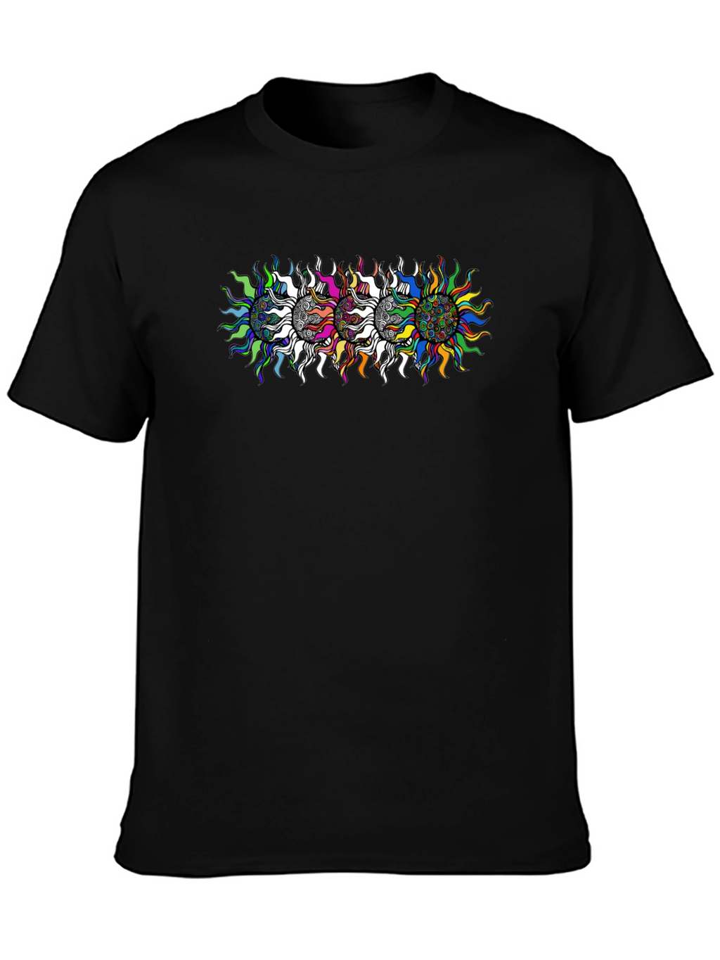 Mens Black T-Shirt with Psychedelic Sun Design