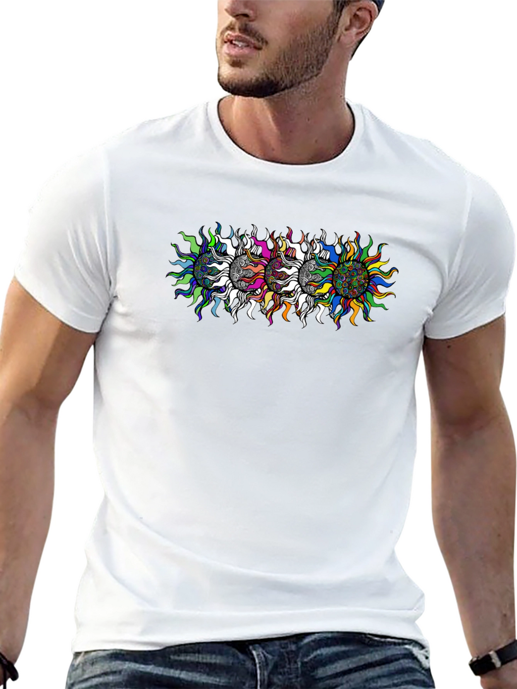 Mens Black T-Shirt with Psychedelic Sun Design