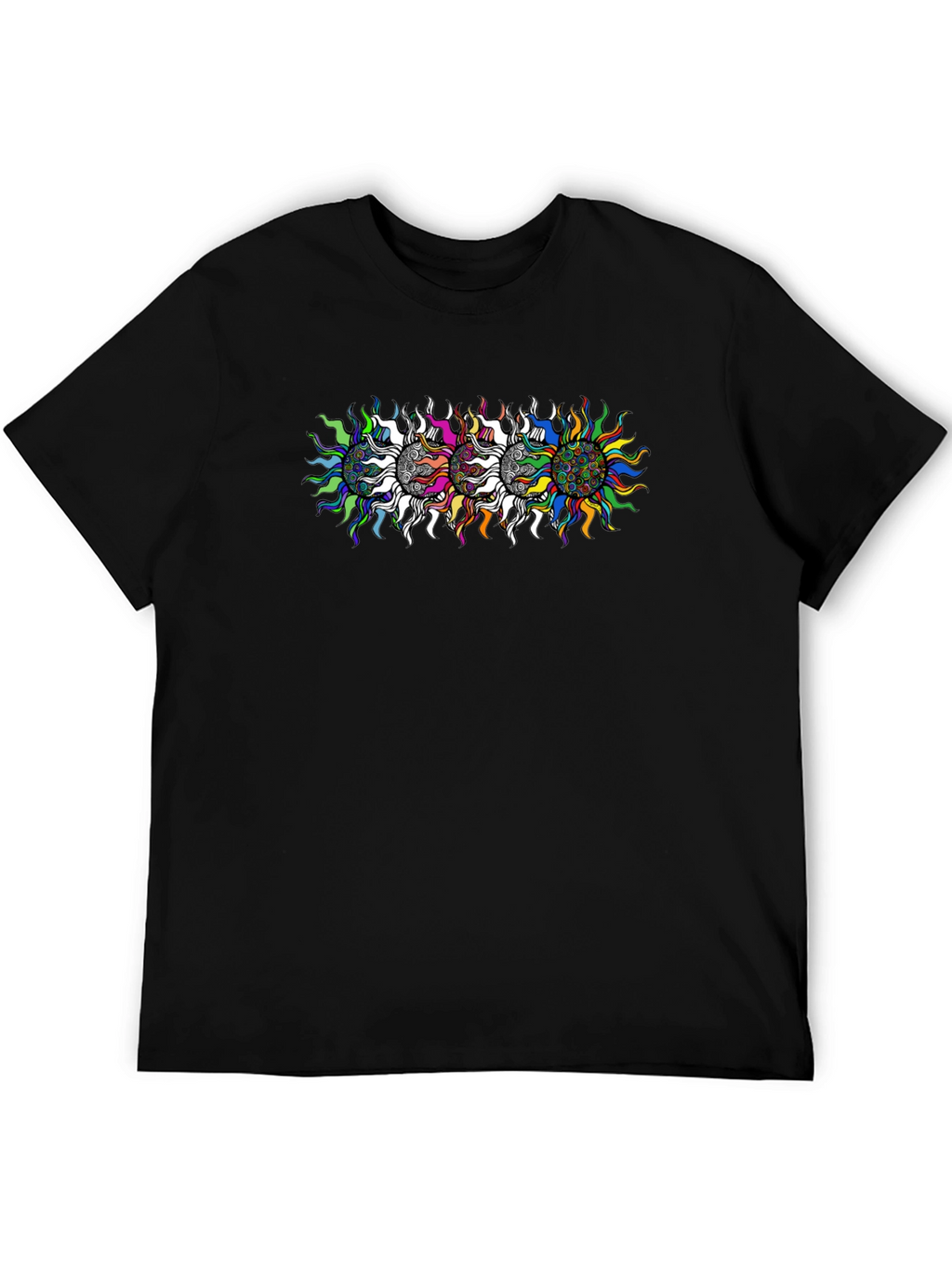 Mens Black T-Shirt with Psychedelic Sun Design