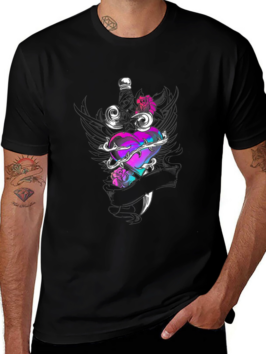 Edgy Heart & Dagger Graphic Tee - Black