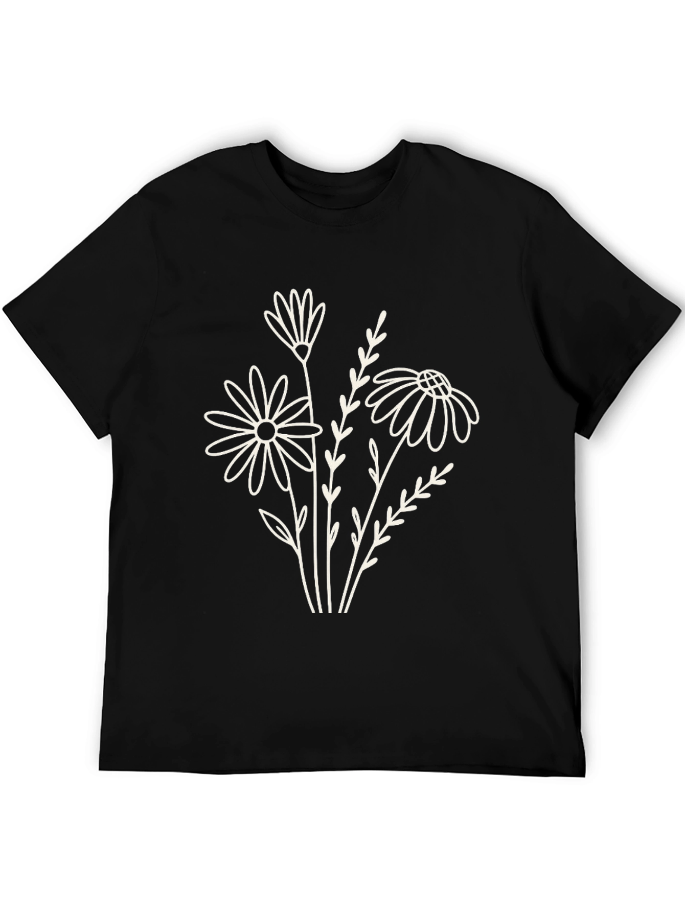 Black Floral Outline Tee - Minimalist Graphic T-Shirt
