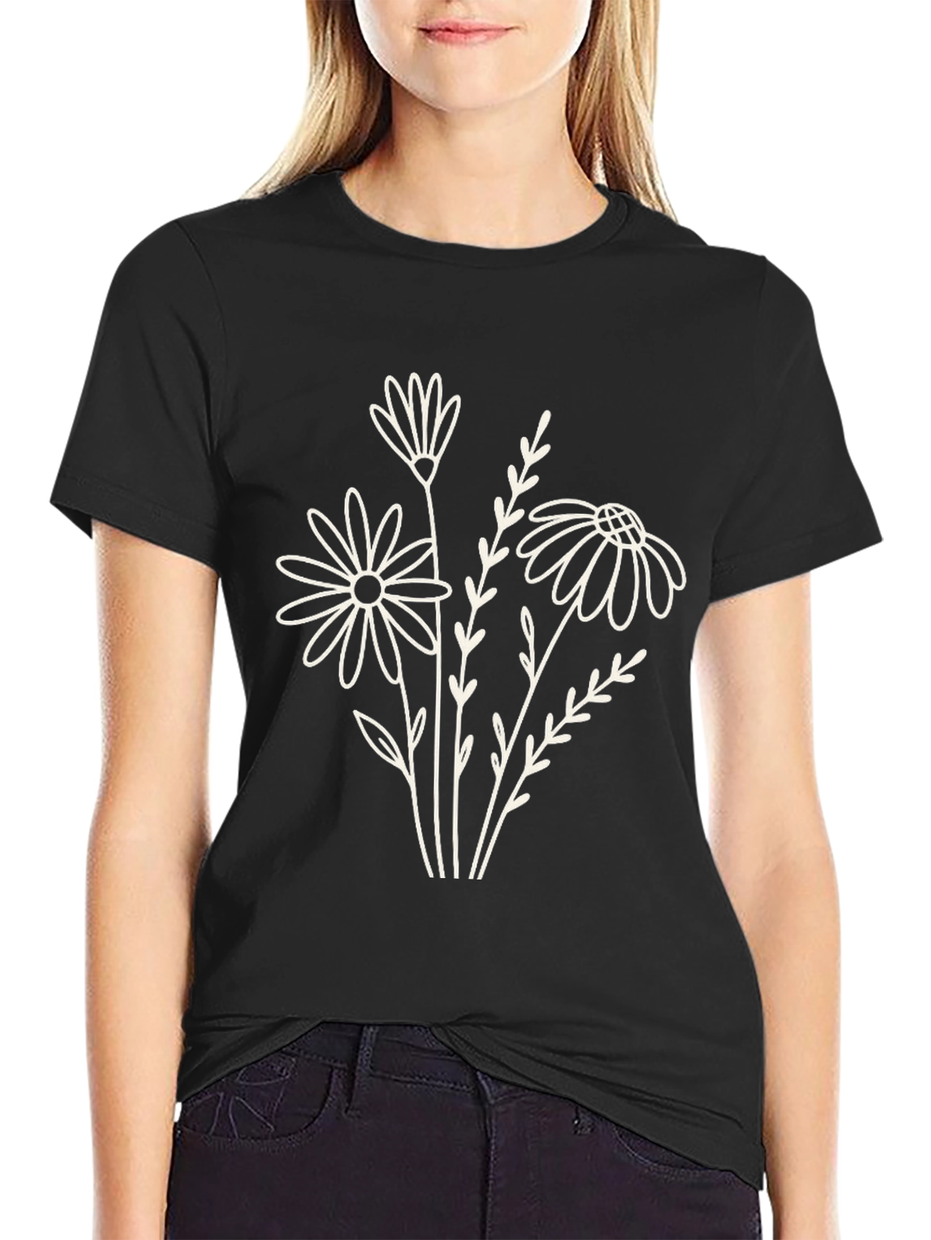 Black Floral Outline Tee - Minimalist Graphic T-Shirt