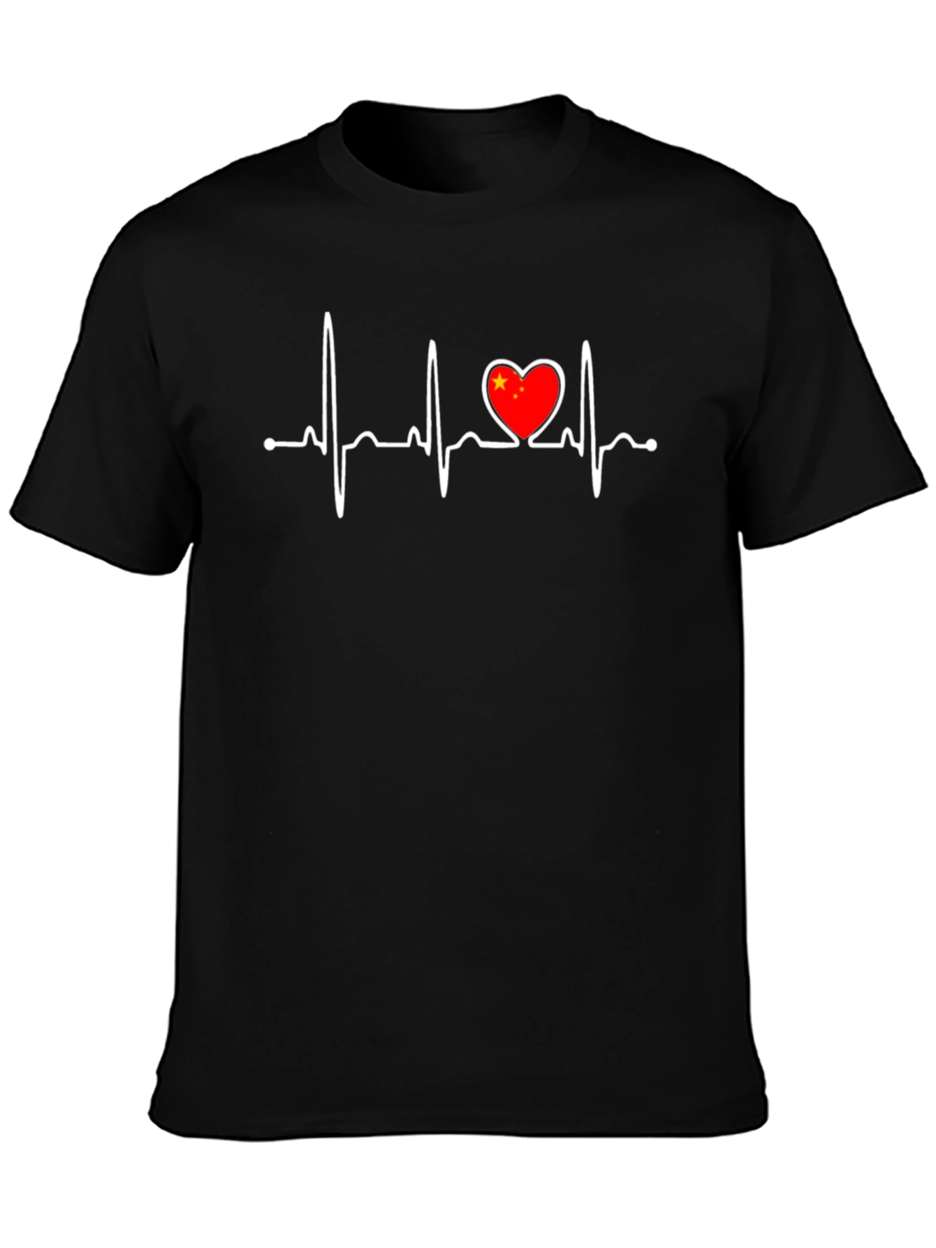 Heartbeat China Flag Graphic Tee - Black Crew Neck T-Shirt