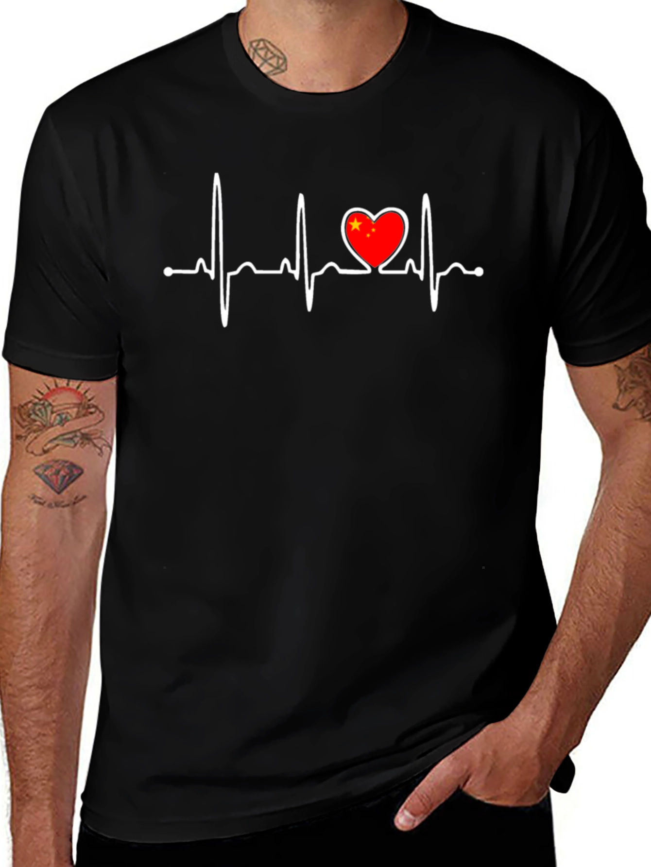 Heartbeat China Flag Graphic Tee - Black Crew Neck T-Shirt