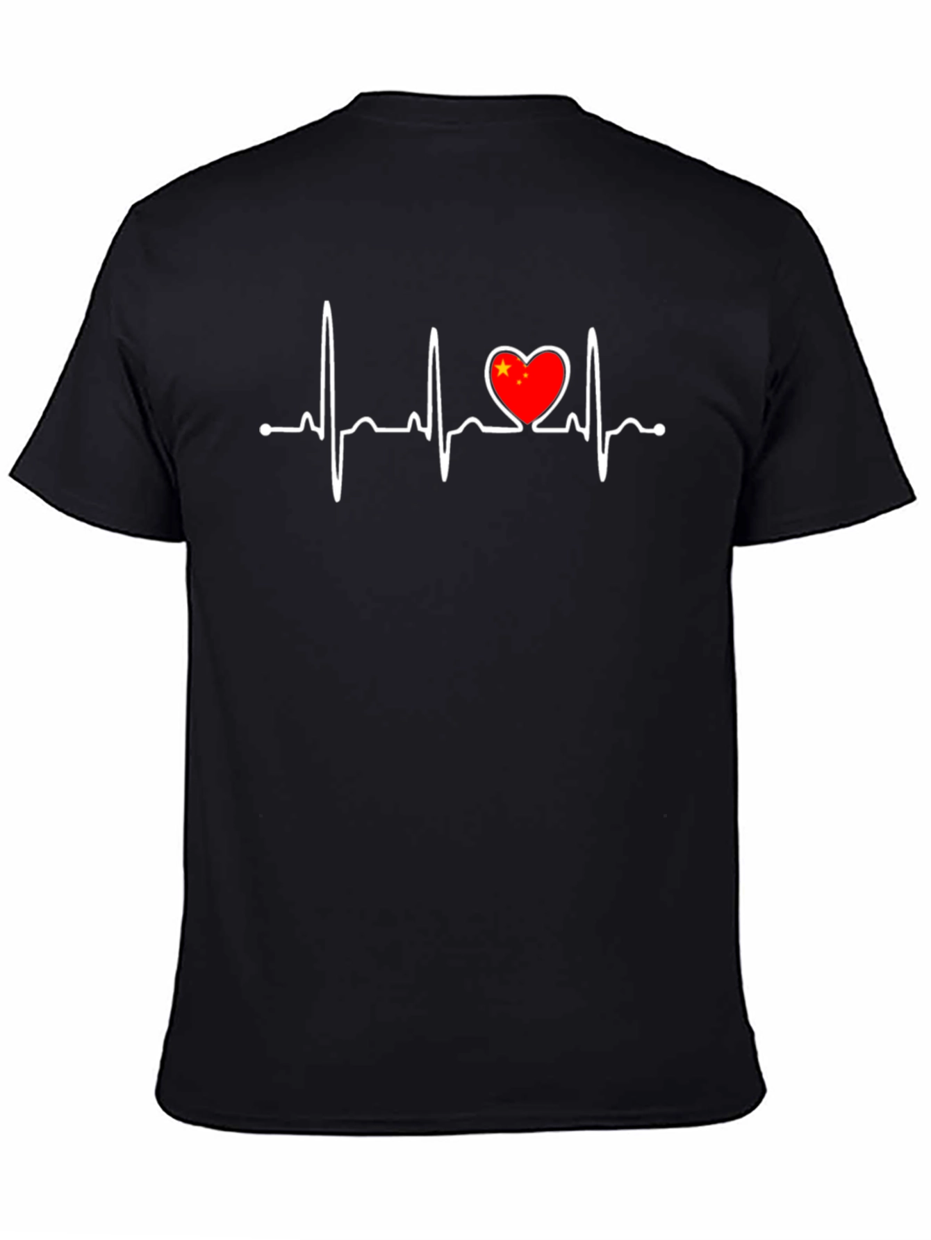 Heartbeat China Flag Graphic Tee - Black Crew Neck T-Shirt