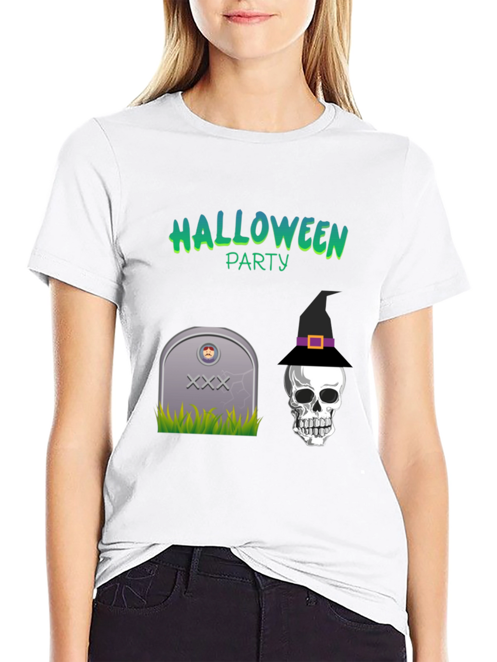 Halloween Party Graphic Tee - Skull & Tombstone Design