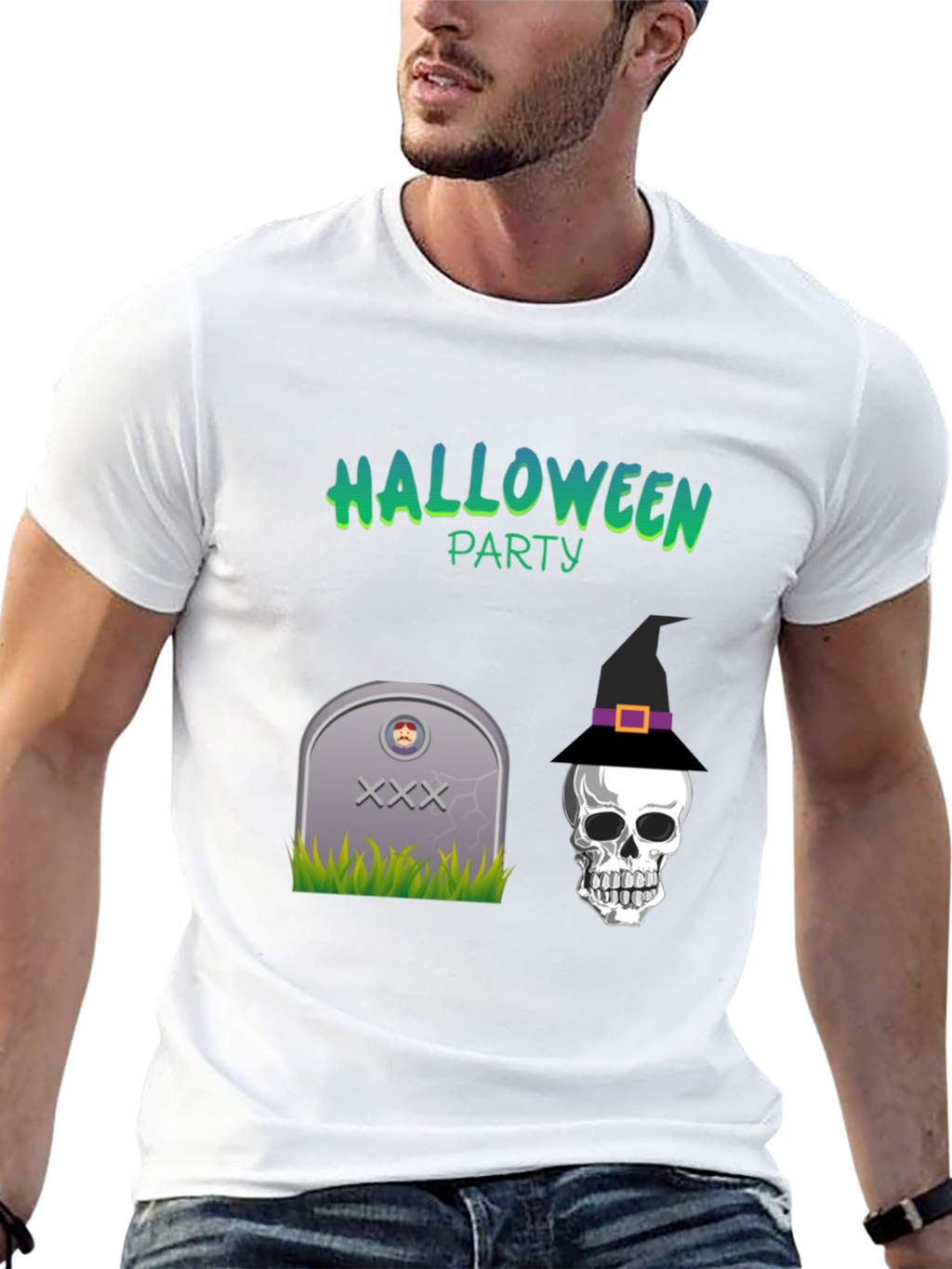 Halloween Party Graphic Tee - Skull & Tombstone Design