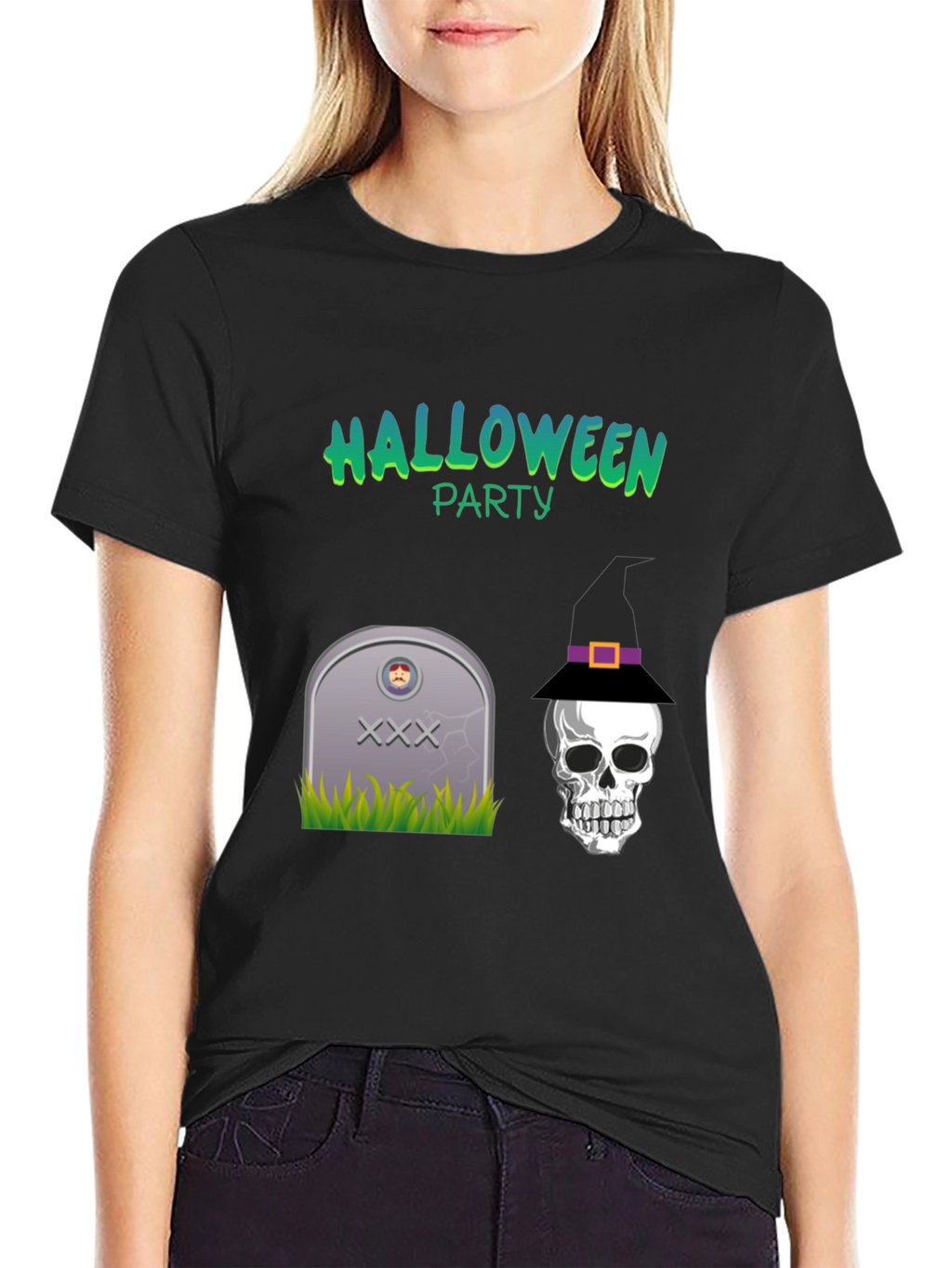 Halloween Party Graphic Tee - Skull & Tombstone Design