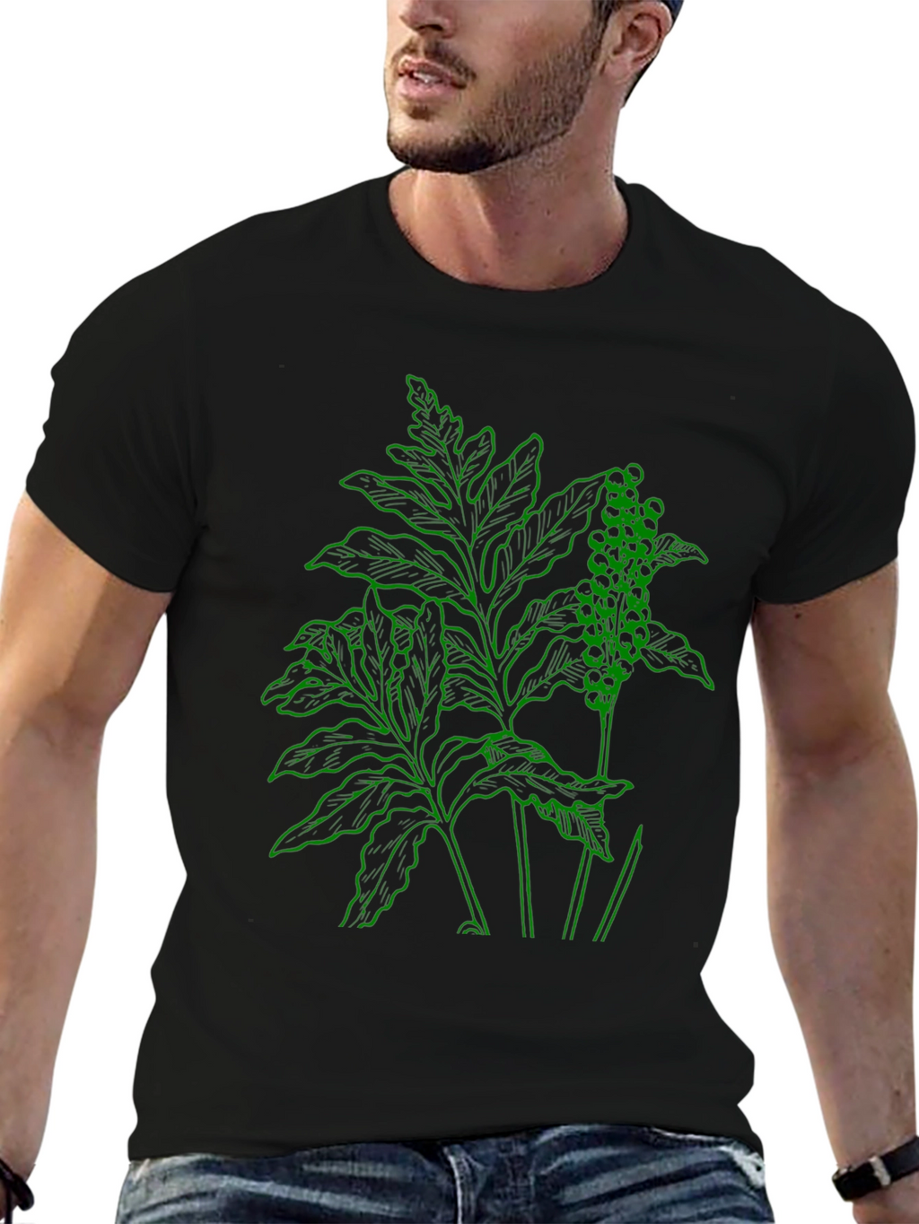 Botanical Green Graphic Black T-Shirt