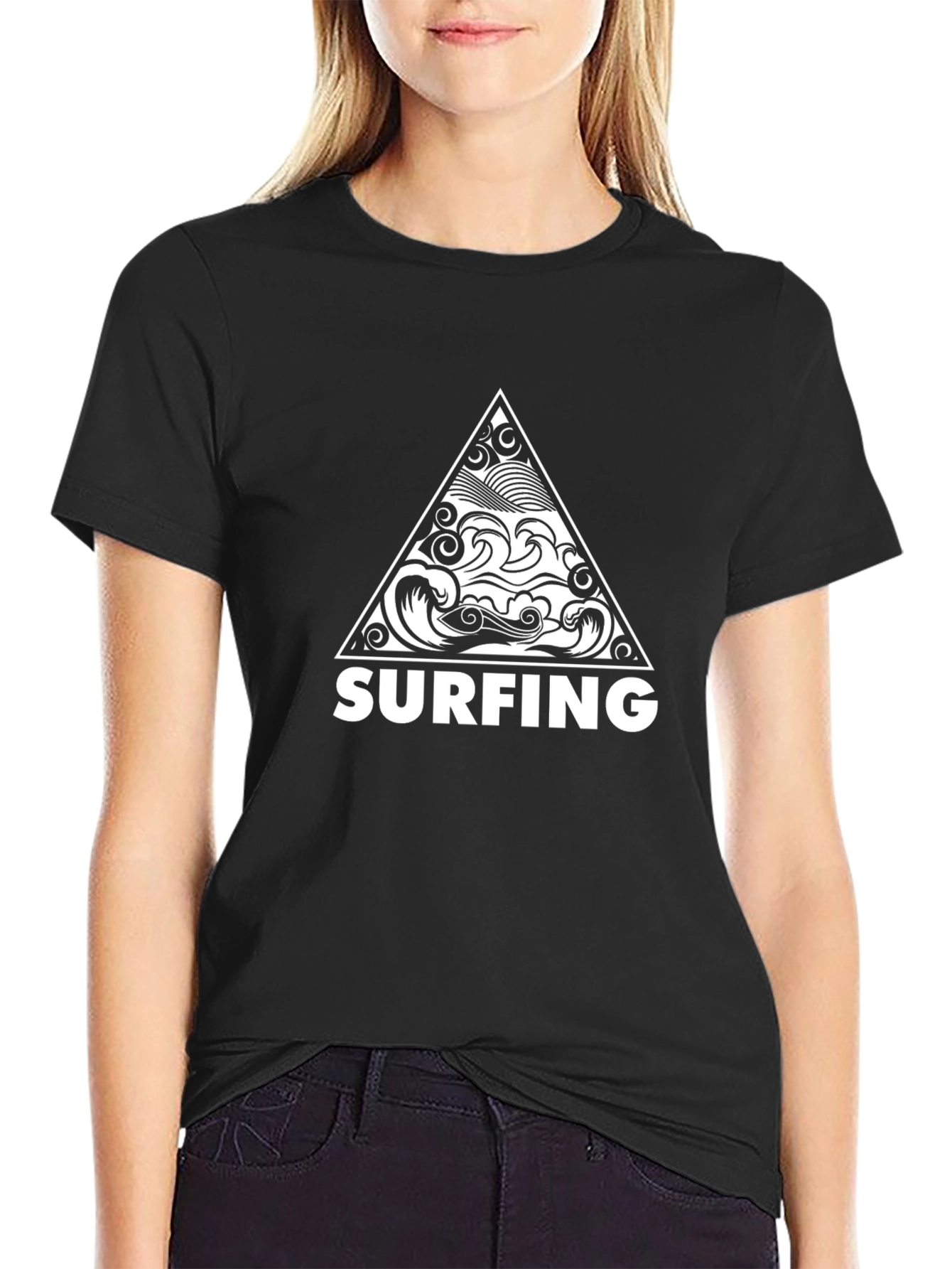Surfing Triangle Graphic Tee - Stylish Black Cotton T-Shirt