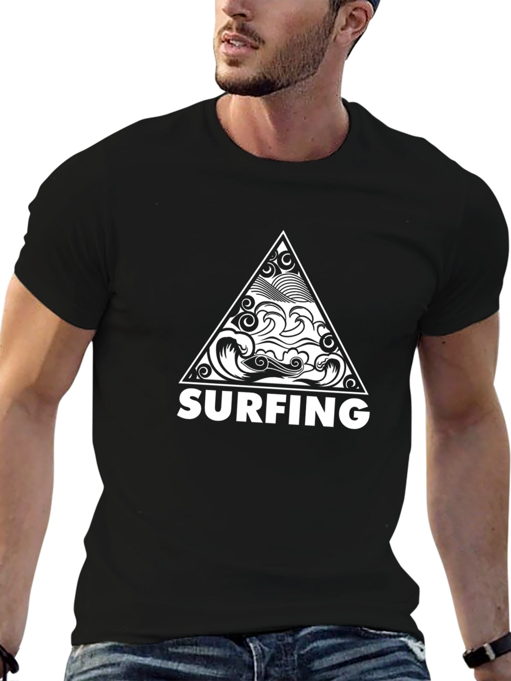 Surfing Triangle Graphic Tee - Stylish Black Cotton T-Shirt