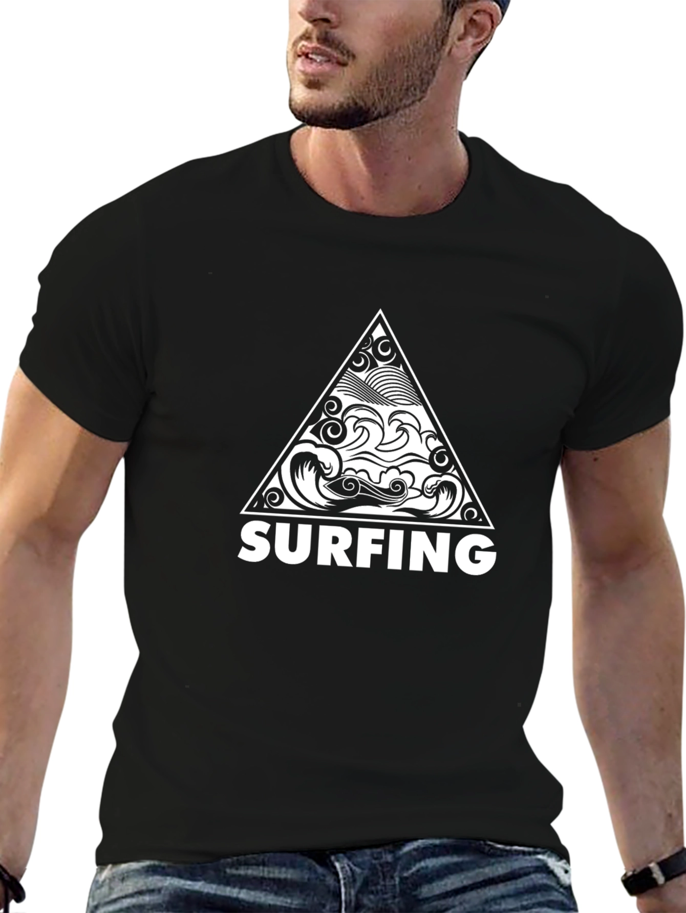 Surfing Triangle Graphic Tee - Stylish Black Cotton T-Shirt