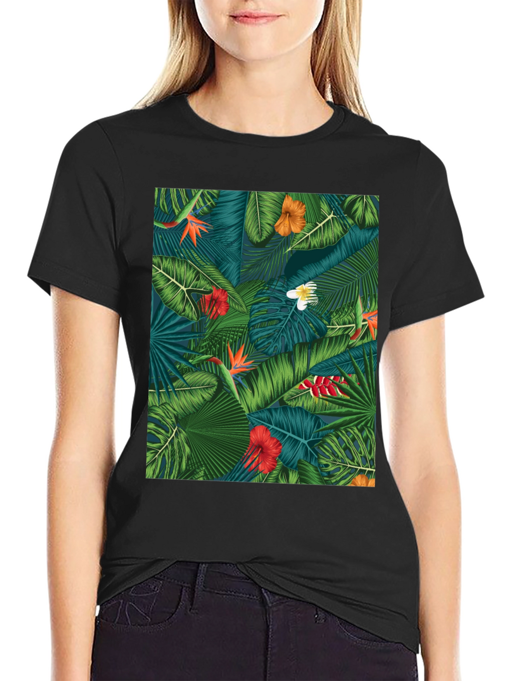 Tropical Floral Print Black T-Shirt
