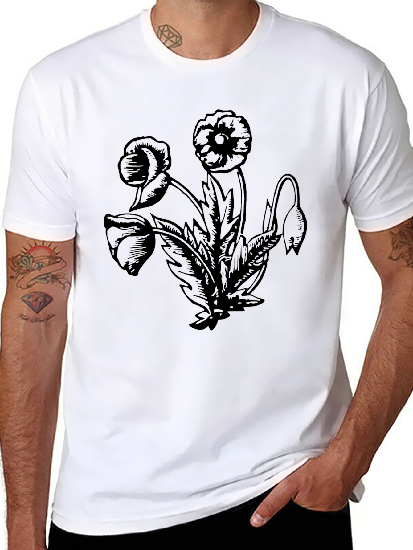 Floral Graphic Print Black Crew Neck T-Shirt