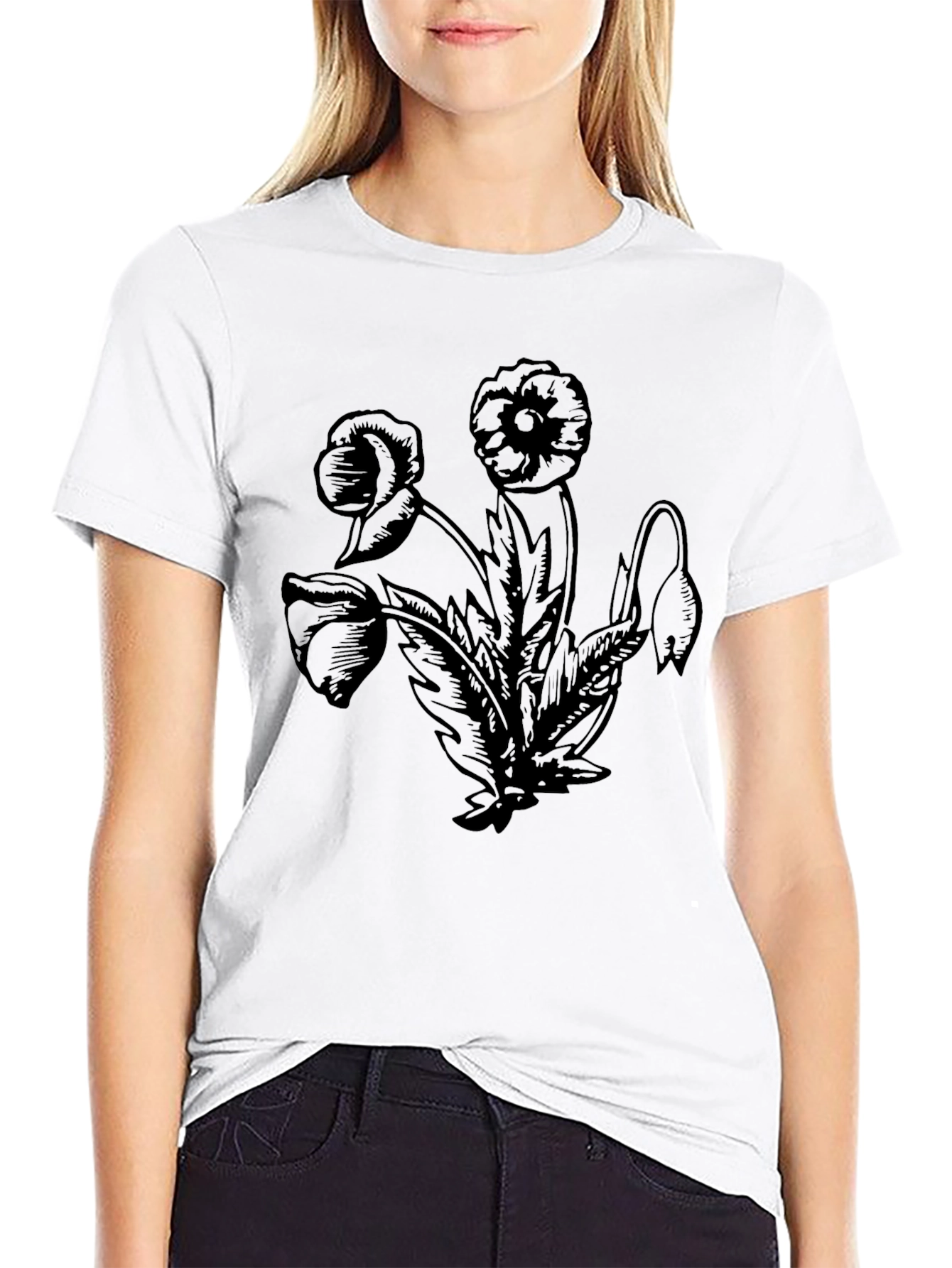 Floral Graphic Print Black Crew Neck T-Shirt