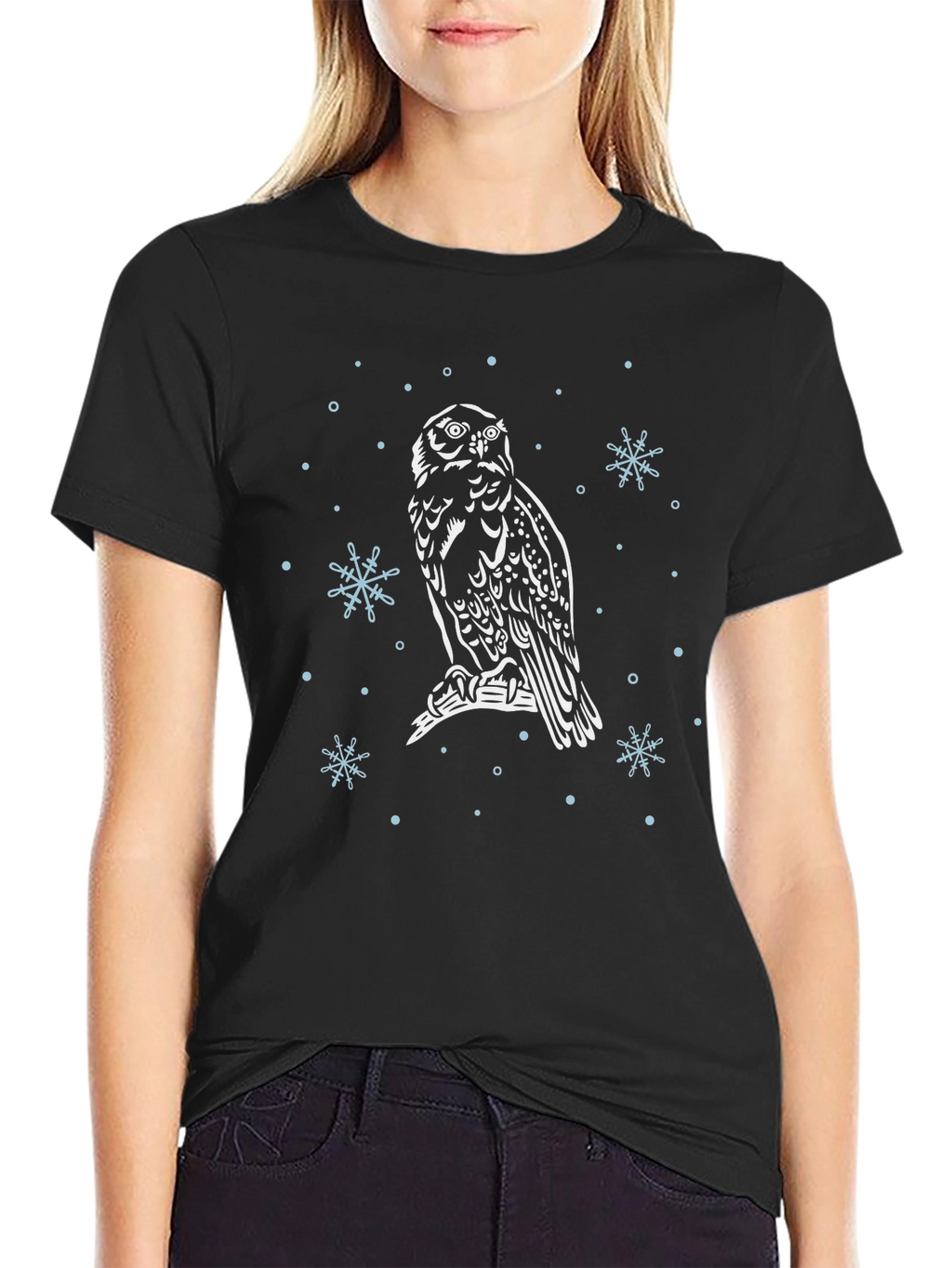 Owl Snowflake Graphic Black T-Shirt