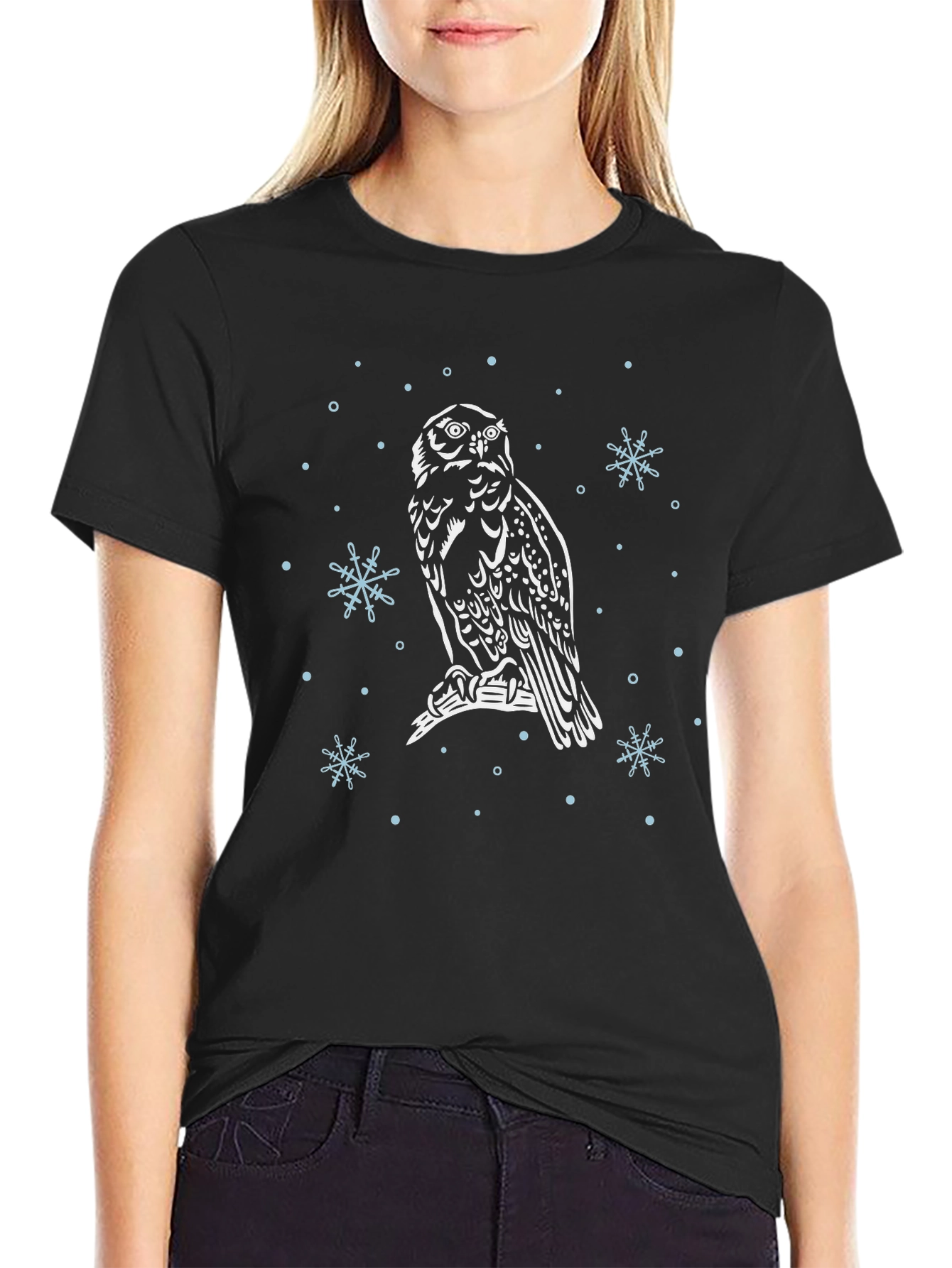 Owl Snowflake Graphic Black T-Shirt