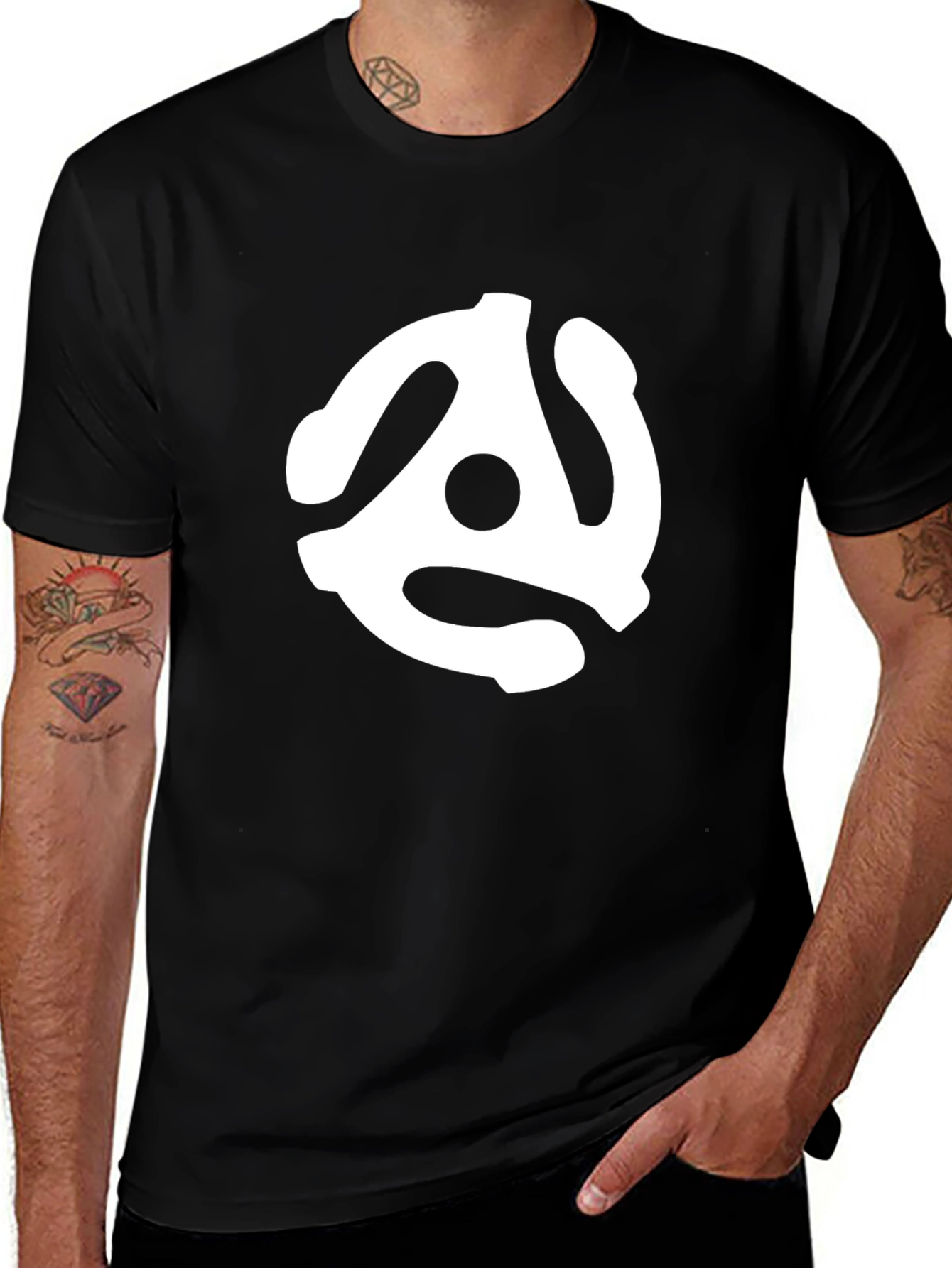 Black Tee with White Record Adapter Graphic