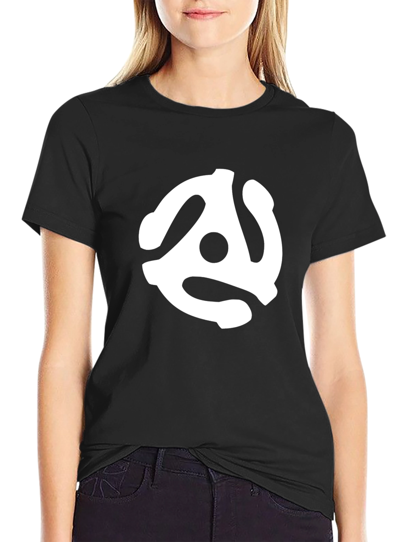 Black Tee with White Record Adapter Graphic