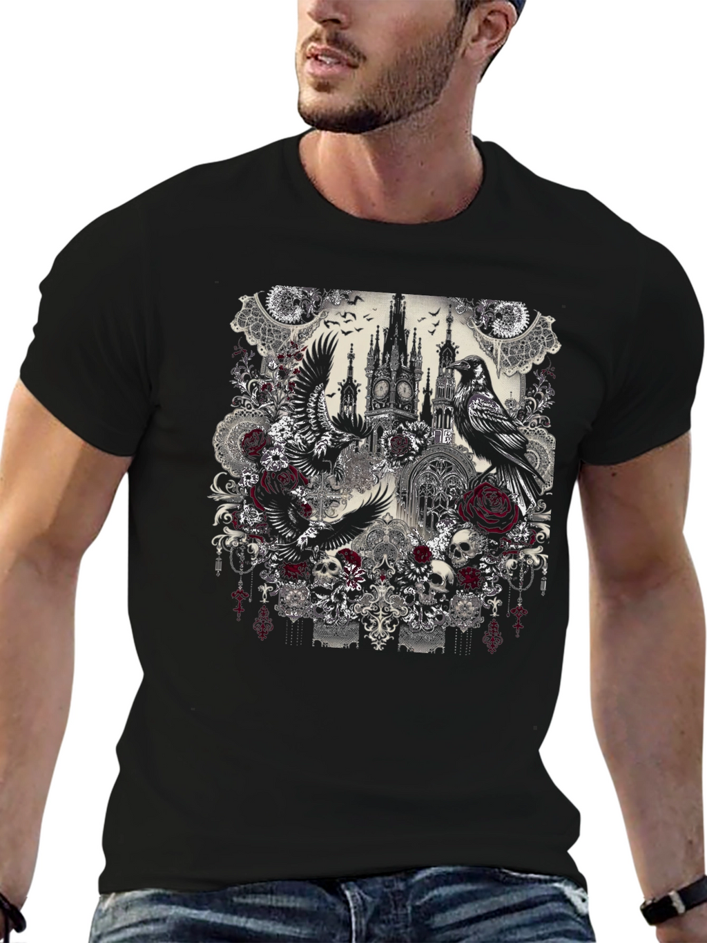 Gothic Raven & Rose Skull T-Shirt
