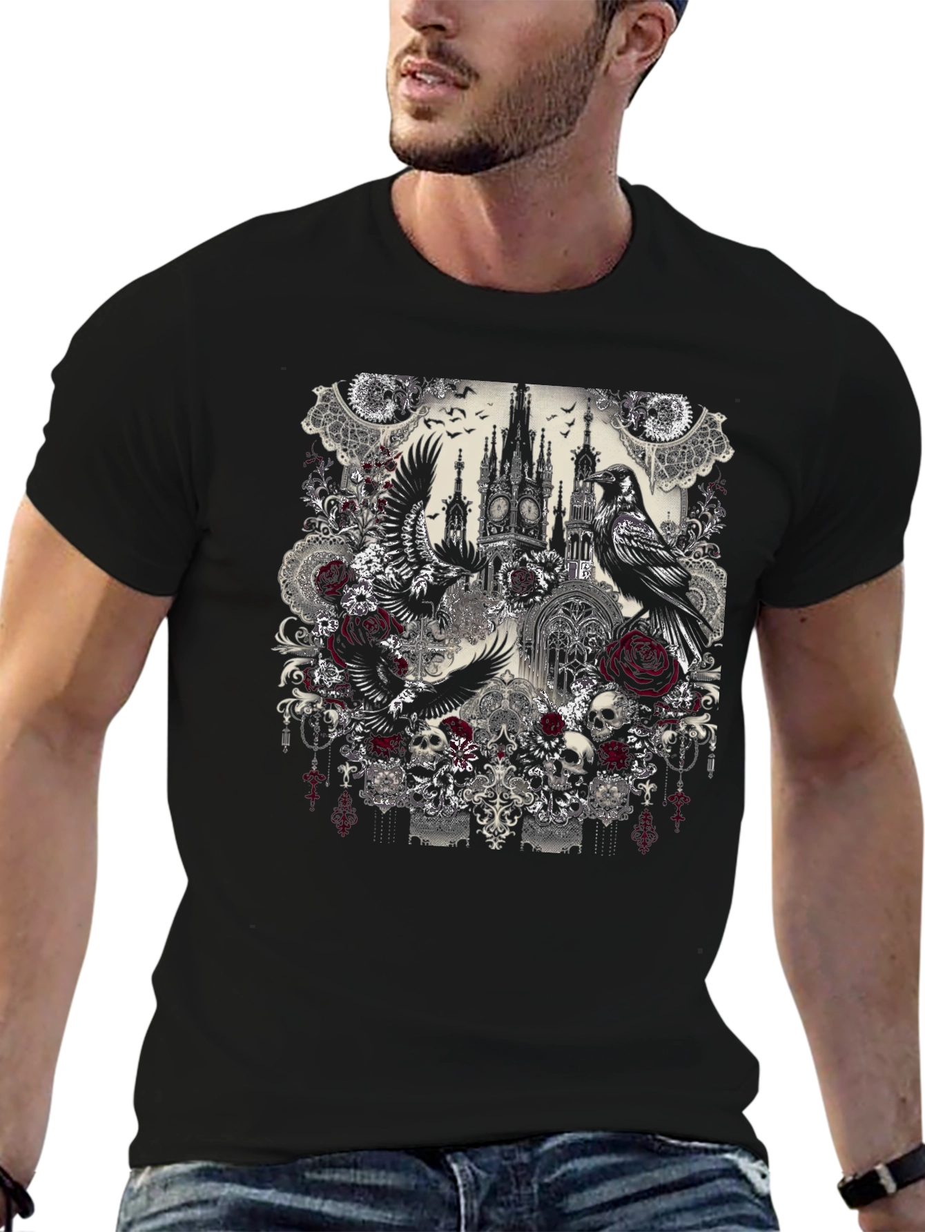 Gothic Raven & Rose Skull T-Shirt