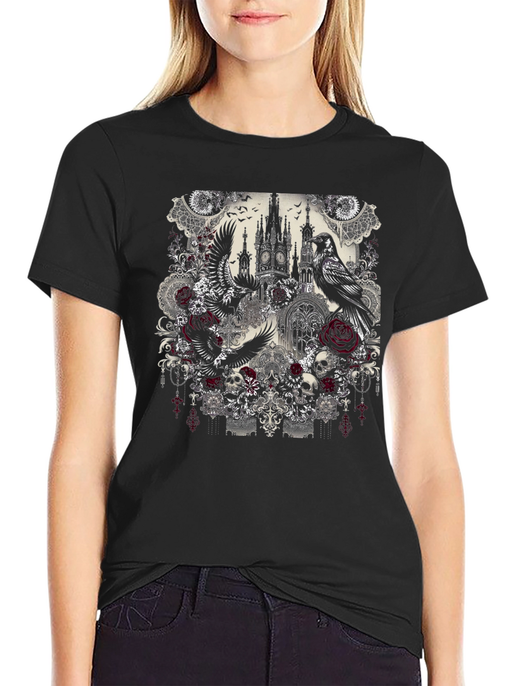 Gothic Raven & Rose Skull T-Shirt