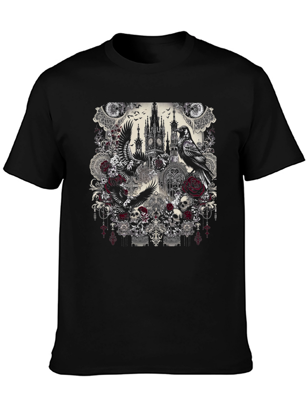 Gothic Raven & Rose Skull T-Shirt