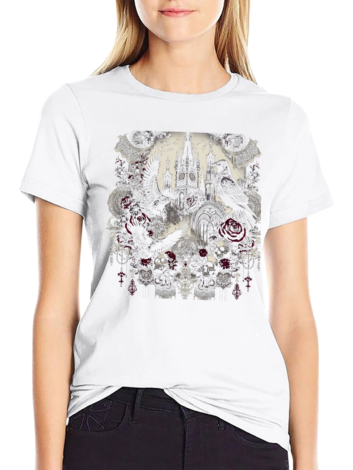 Gothic Raven & Rose Skull T-Shirt