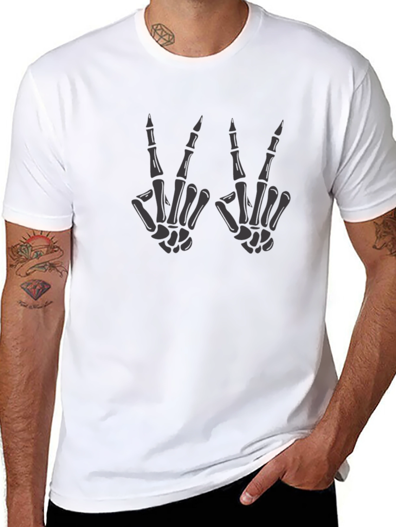 Skeleton Hand Peace Sign Graphic Tee - Black
