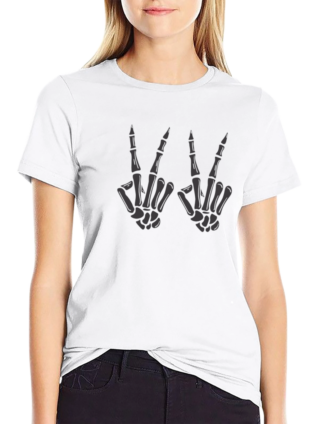 Skeleton Hand Peace Sign Graphic Tee - Black