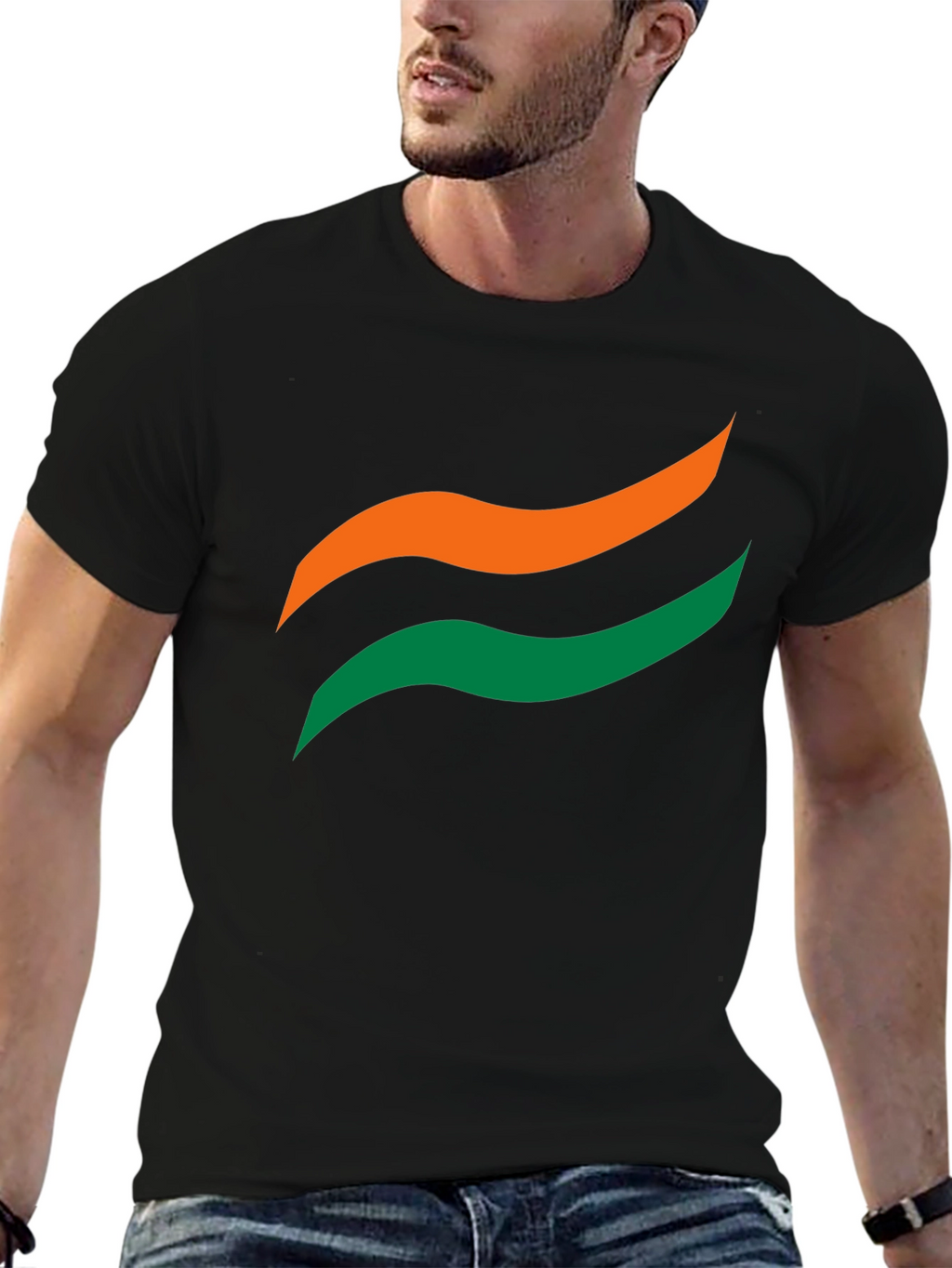 Mens Black Graphic Tee - Abstract Wave Design