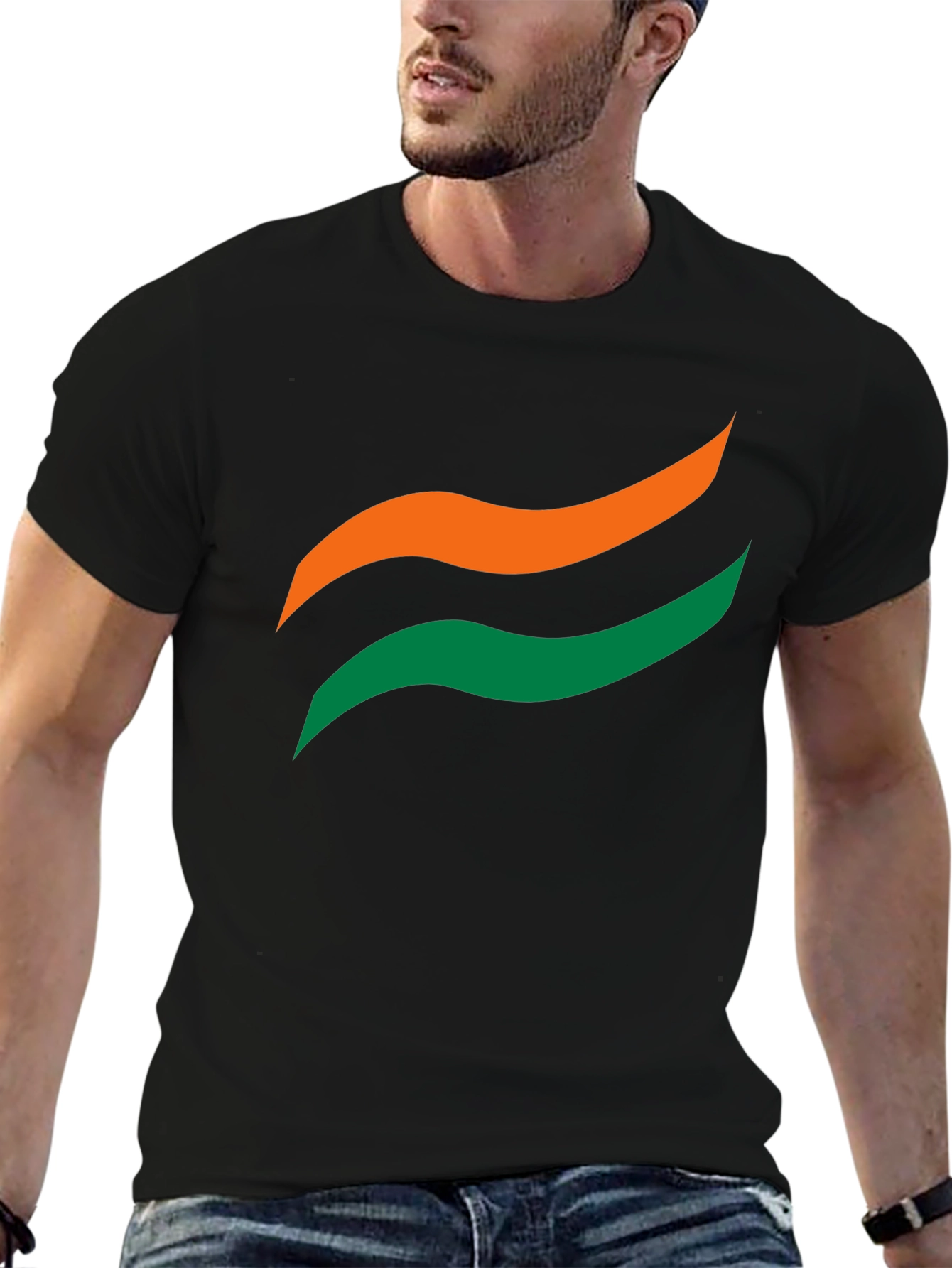 Mens Black Graphic Tee - Abstract Wave Design