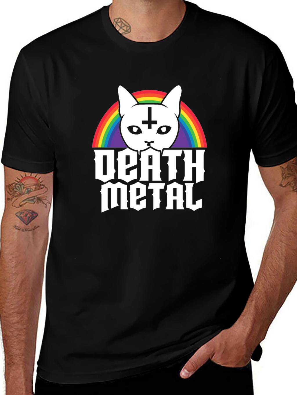 Death Metal Cat T-Shirt - Rainbow Satanic Kitten Tee