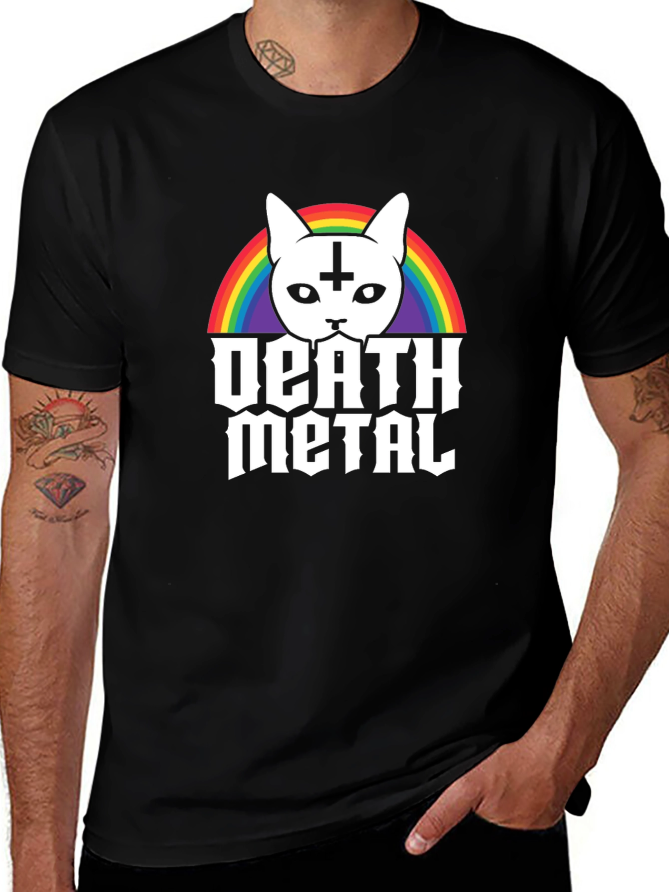 Death Metal Cat T-Shirt - Rainbow Satanic Kitten Tee