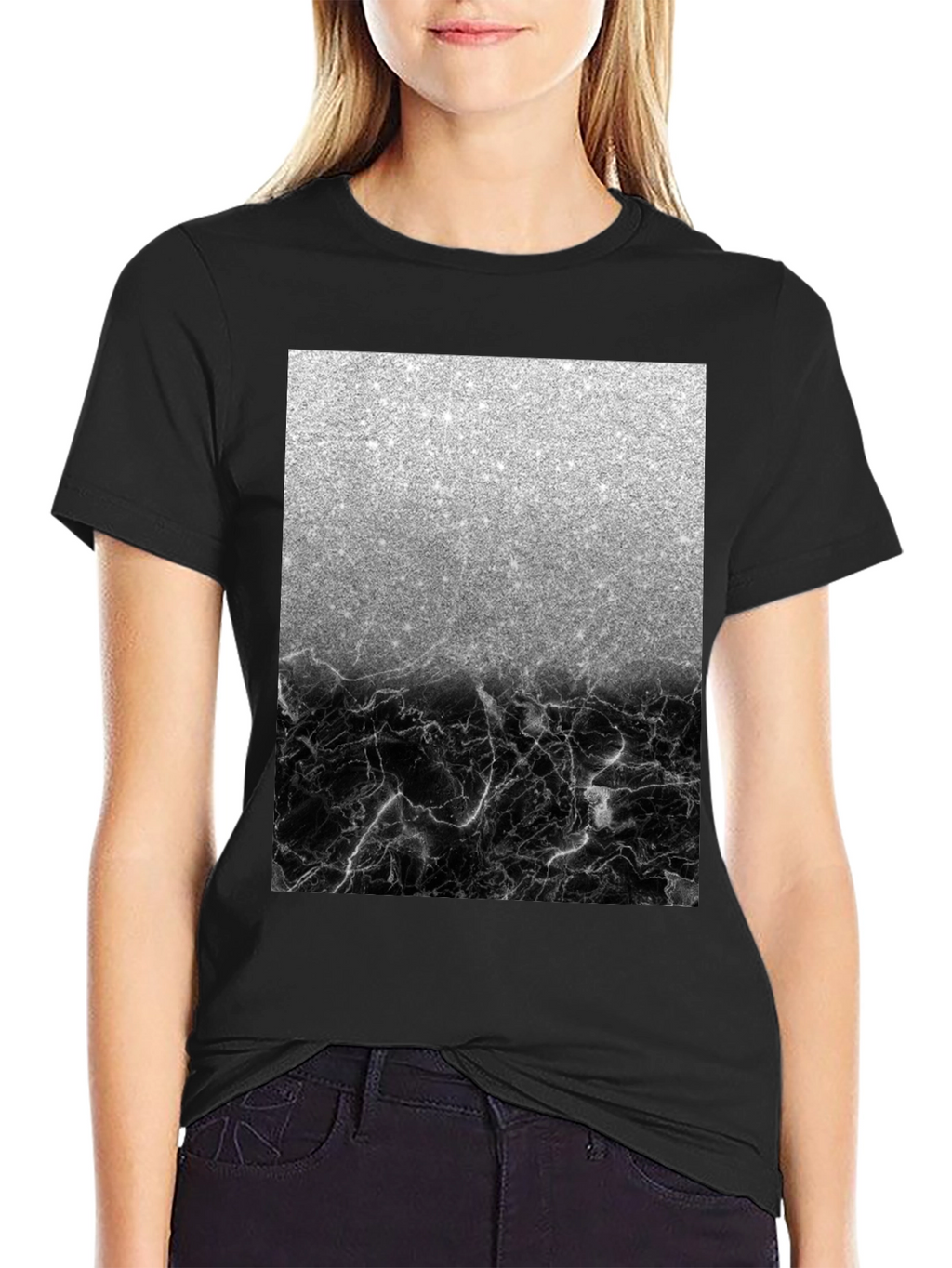 Silver Glitter & Black Marble Mens Tee