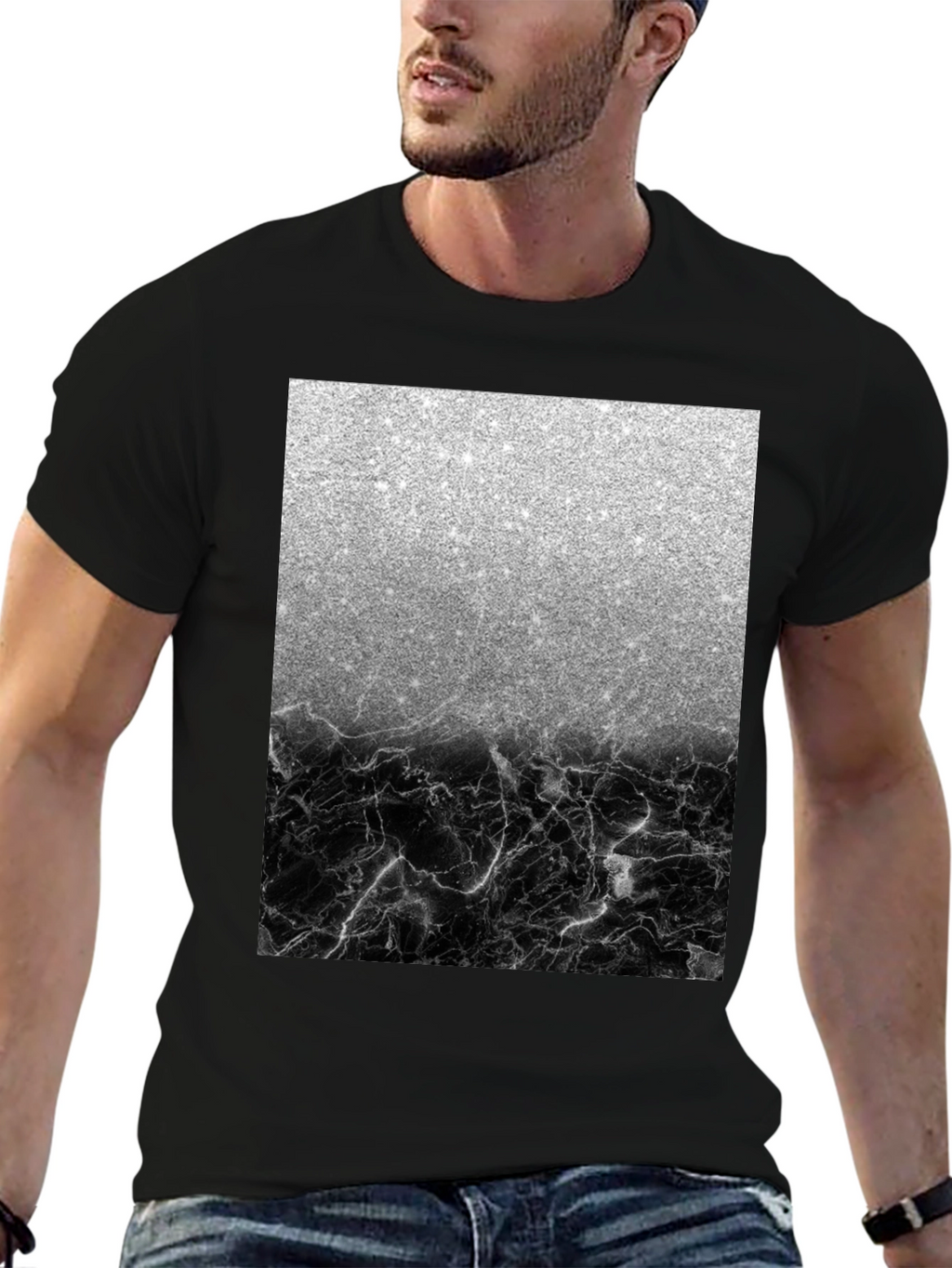 Silver Glitter & Black Marble Mens Tee