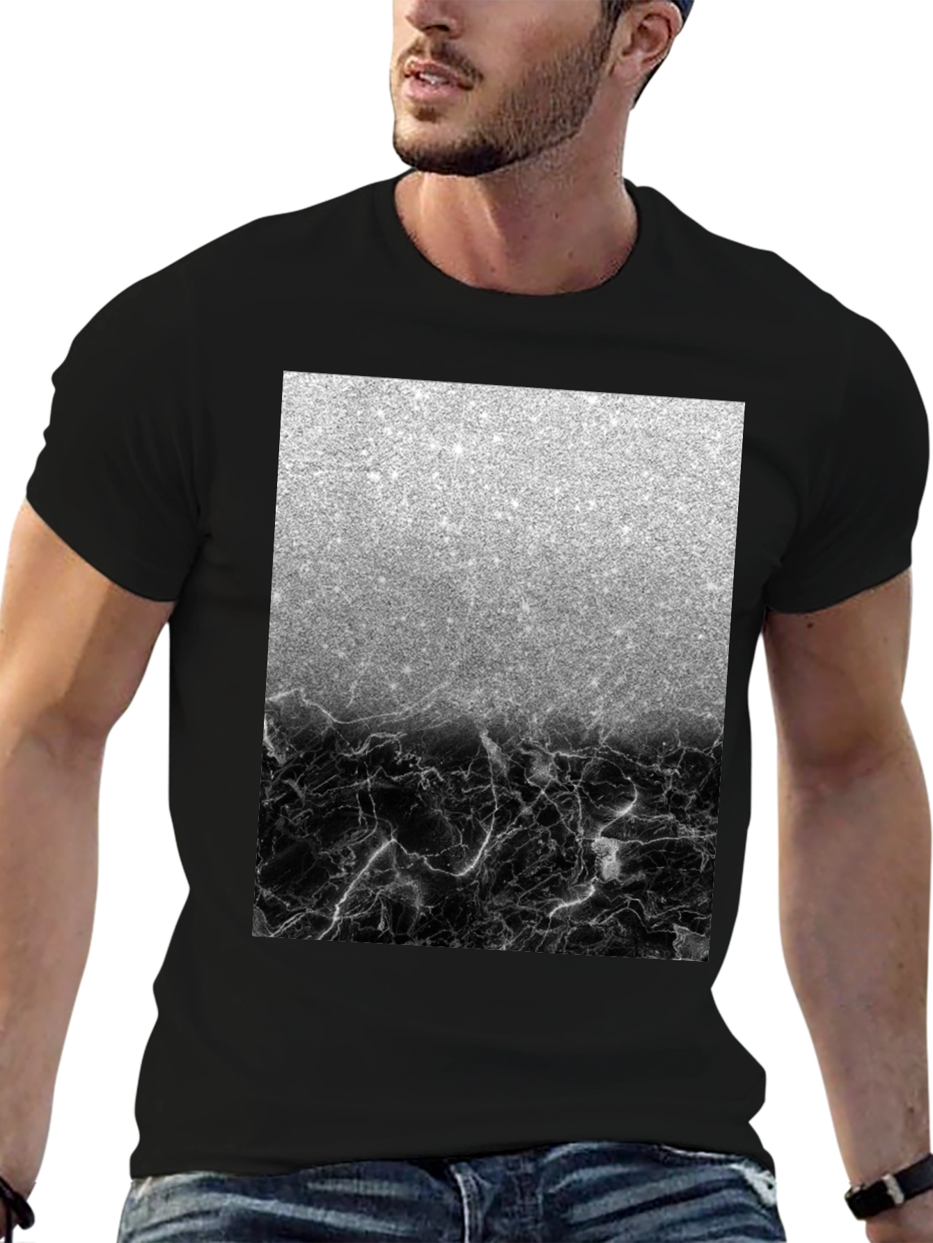 Silver Glitter & Black Marble Mens Tee