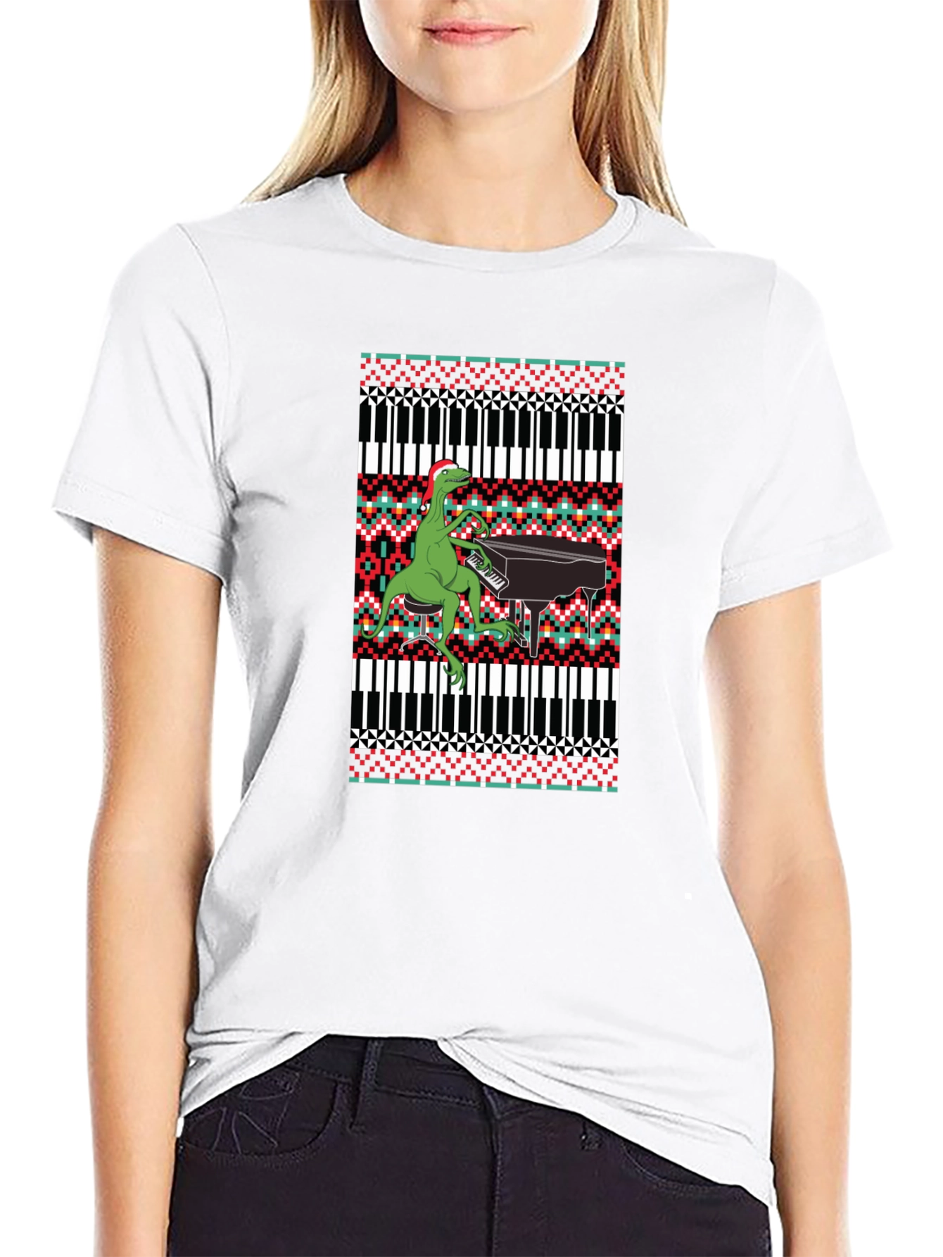 Dinosaur Piano Ugly Christmas Sweater T-Shirt