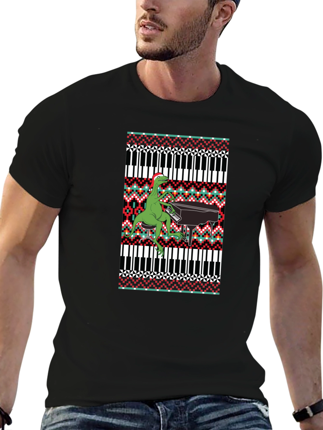Dinosaur Piano Ugly Christmas Sweater T-Shirt